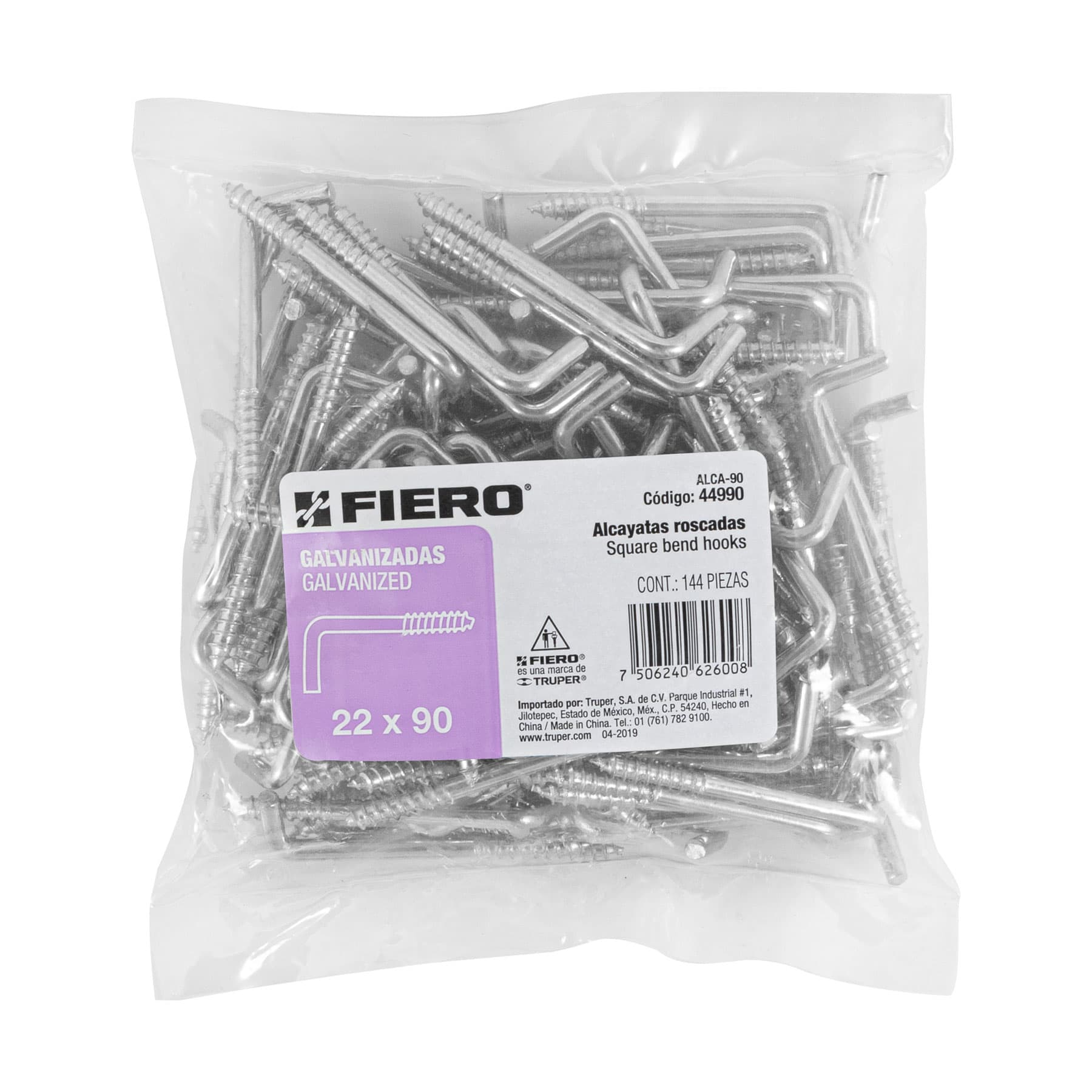 Fiero ALCA-90 Alcayata roscada, 22 X 90 mm, bolsa con 144 piezas - Ferrenacional