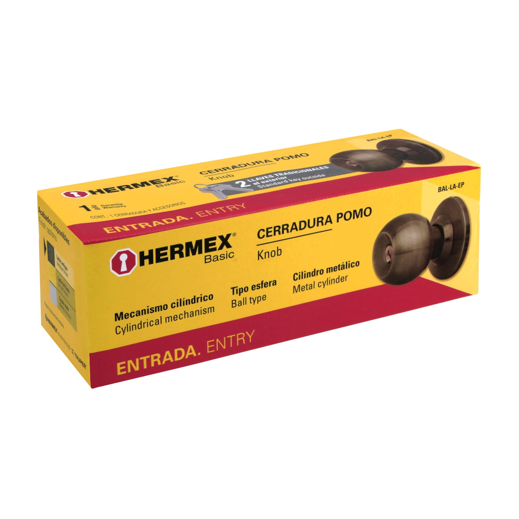 Hermex BAL-LA-EP Cerradura tipo esfera, cilíndrico, entrada, antiguo, Basic