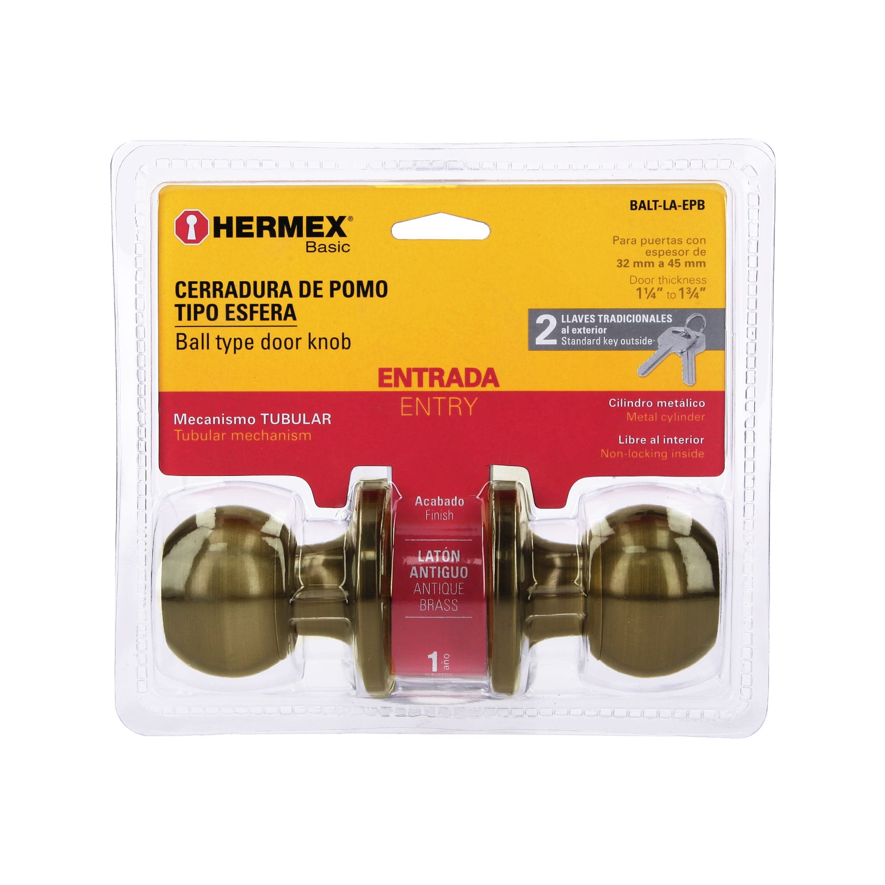 Hermex BALT-LA-EPB Cerradura esfera tubular, entrada, antiguo, blíster, Basic
