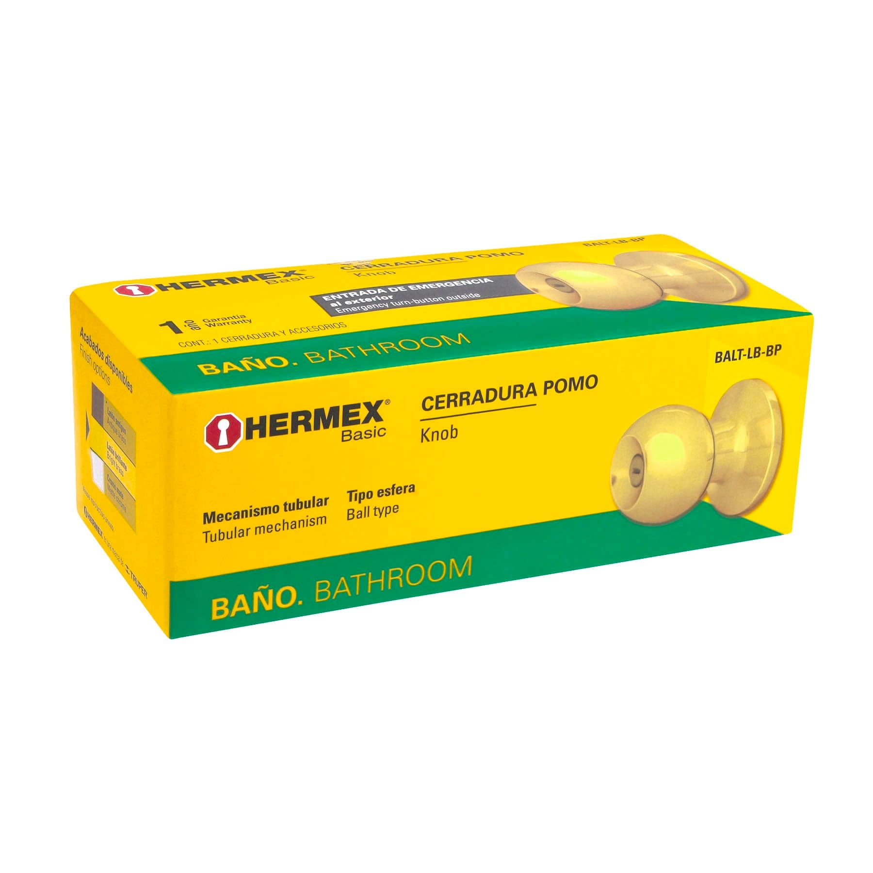 Hermex BALT-LB-BP Cerradura tipo esfera, tubular, baño, brillante, Basic
