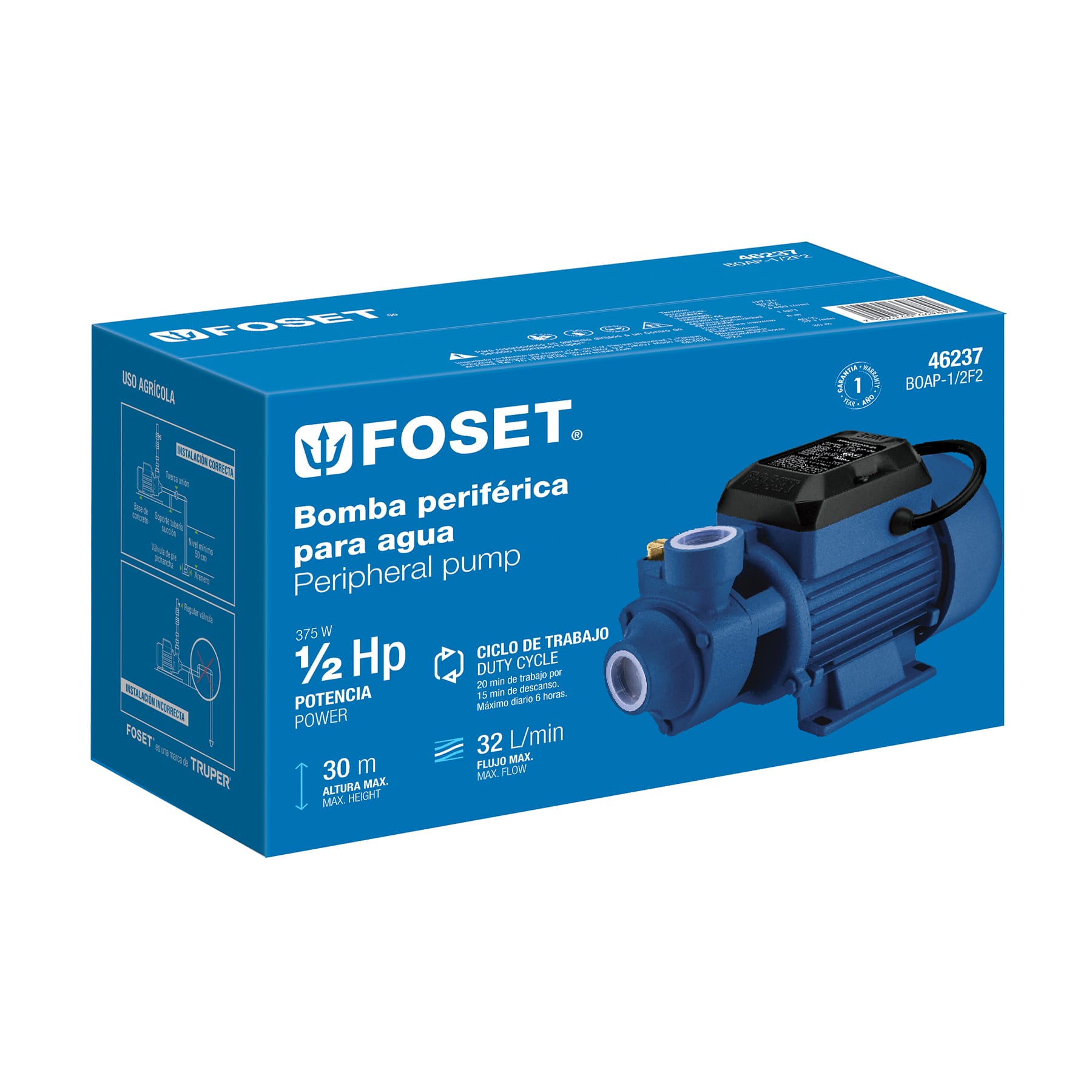Foset BOAP-1/2F2 Bomba periférica 1/2 HP, altura máxima 30 m