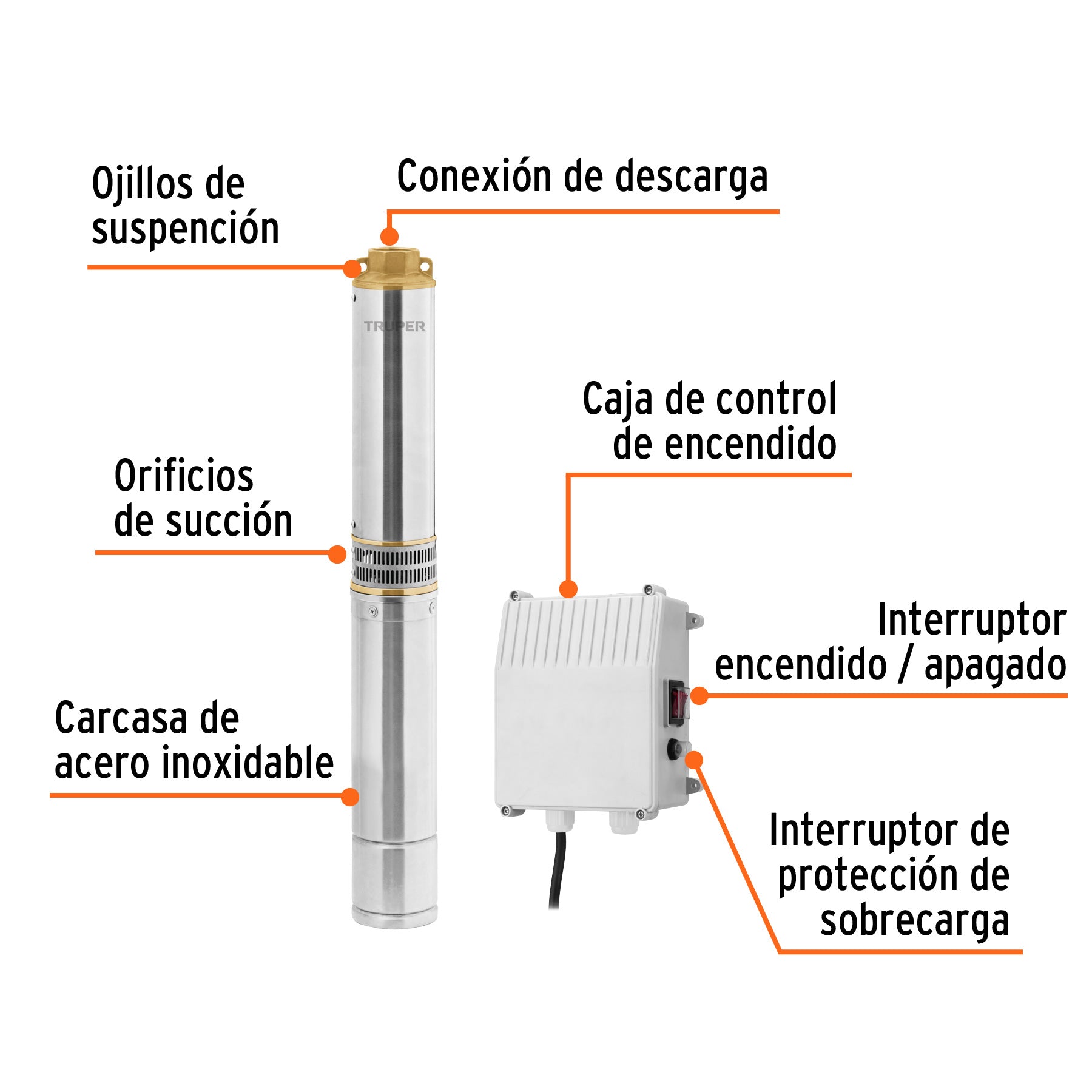 102975 BOS-1LM-2 Bomba sumergible tipo bala, 1HP, uso agrÌcola, 220V, TRUPER