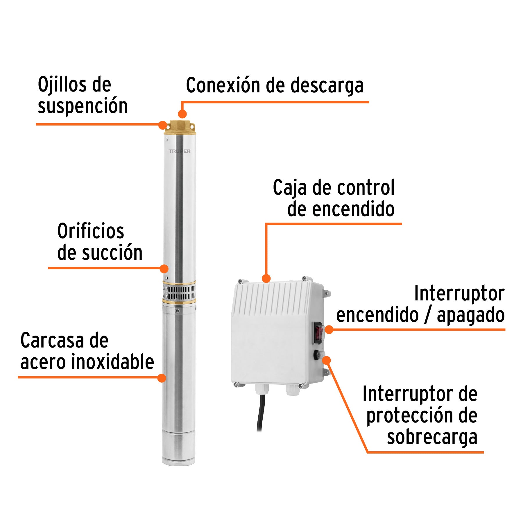 102977 BOS-2LM-2 Bomba sumergible tipo bala, 2HP, uso agrícola, 220V, TRUPER