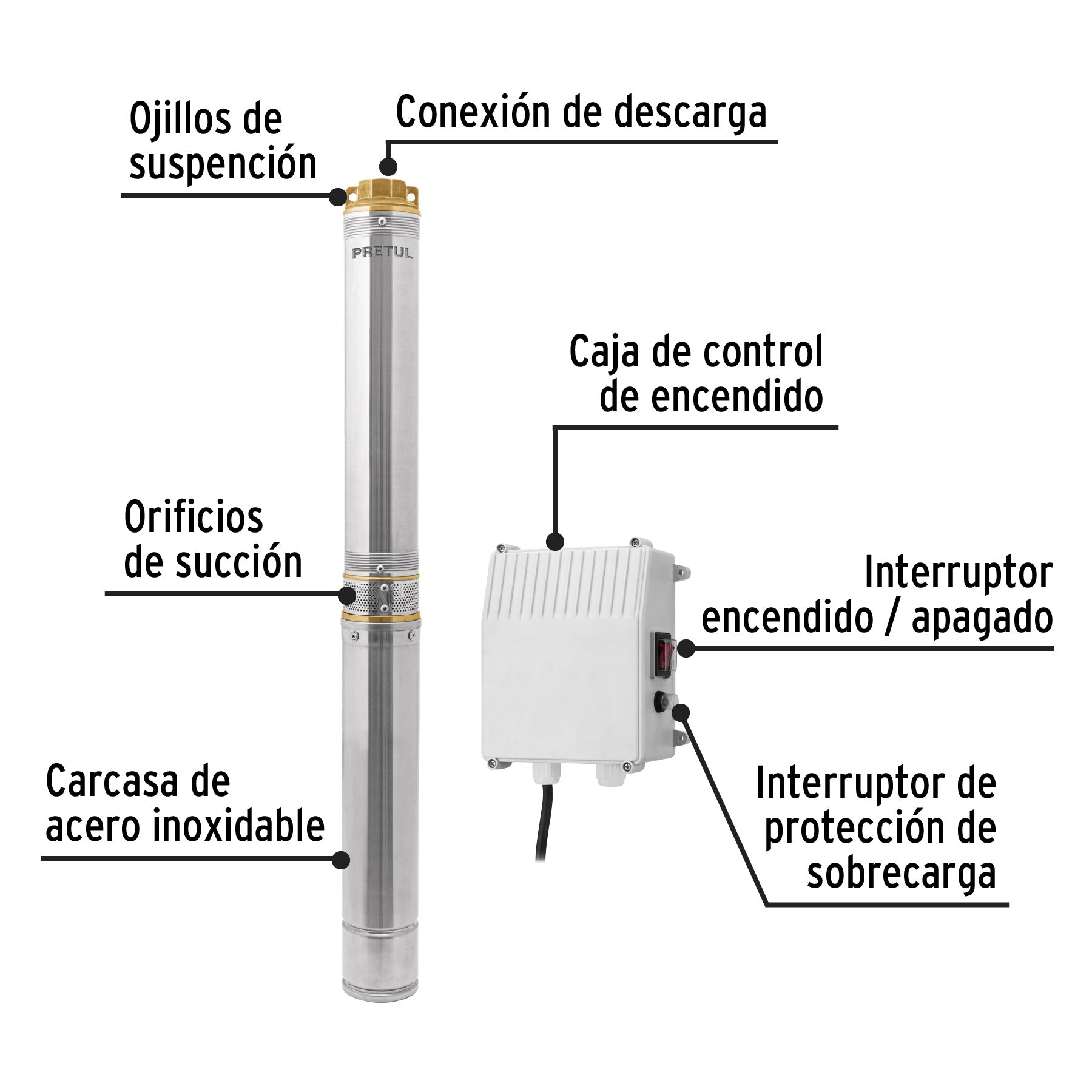 28201 BOS-2LMP Bomba sumergible tipo bala, 2HP, uso agrícola, PRETUL