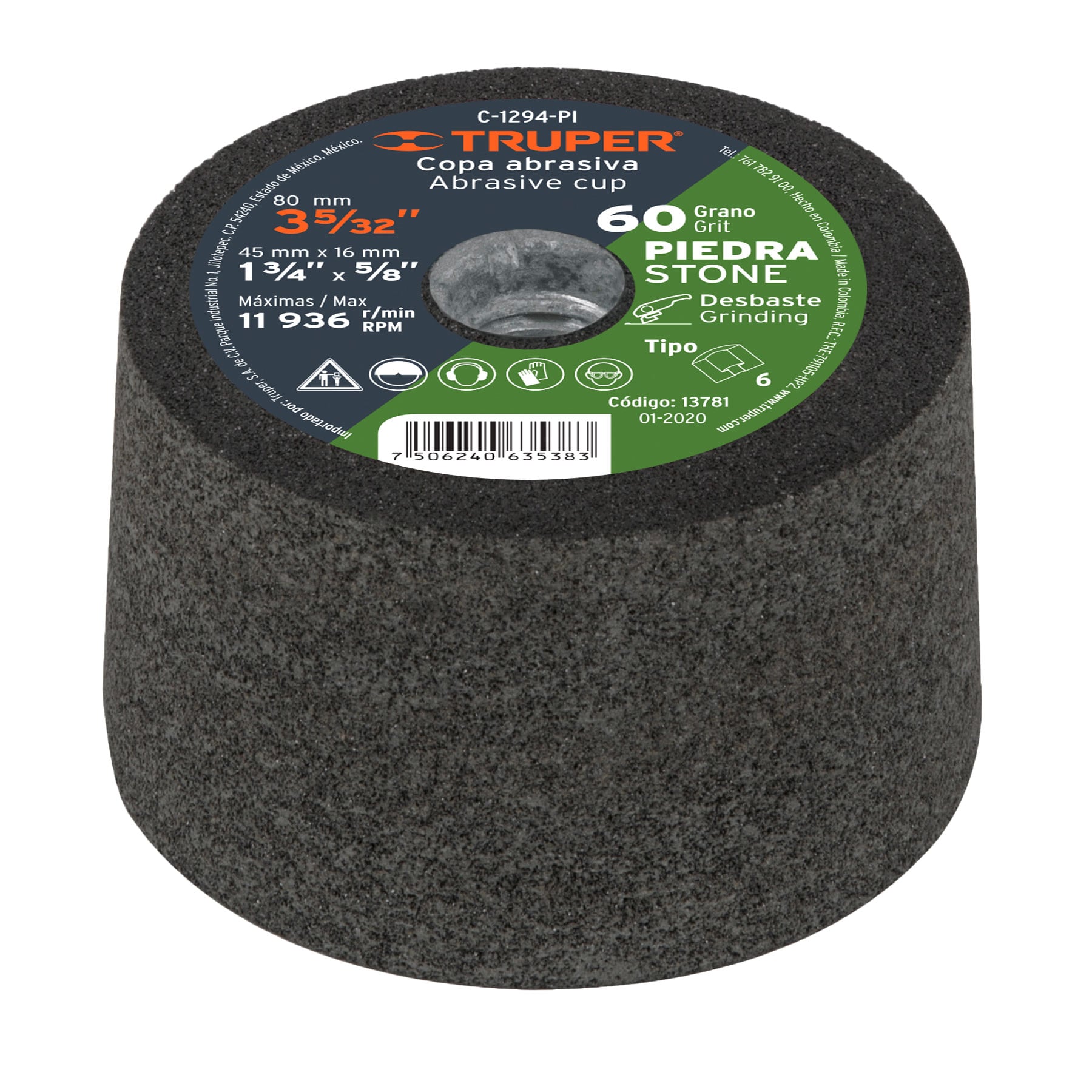 Truper C-1294-PI Copa desbaste, 3-5/32', grano 60 para piedra