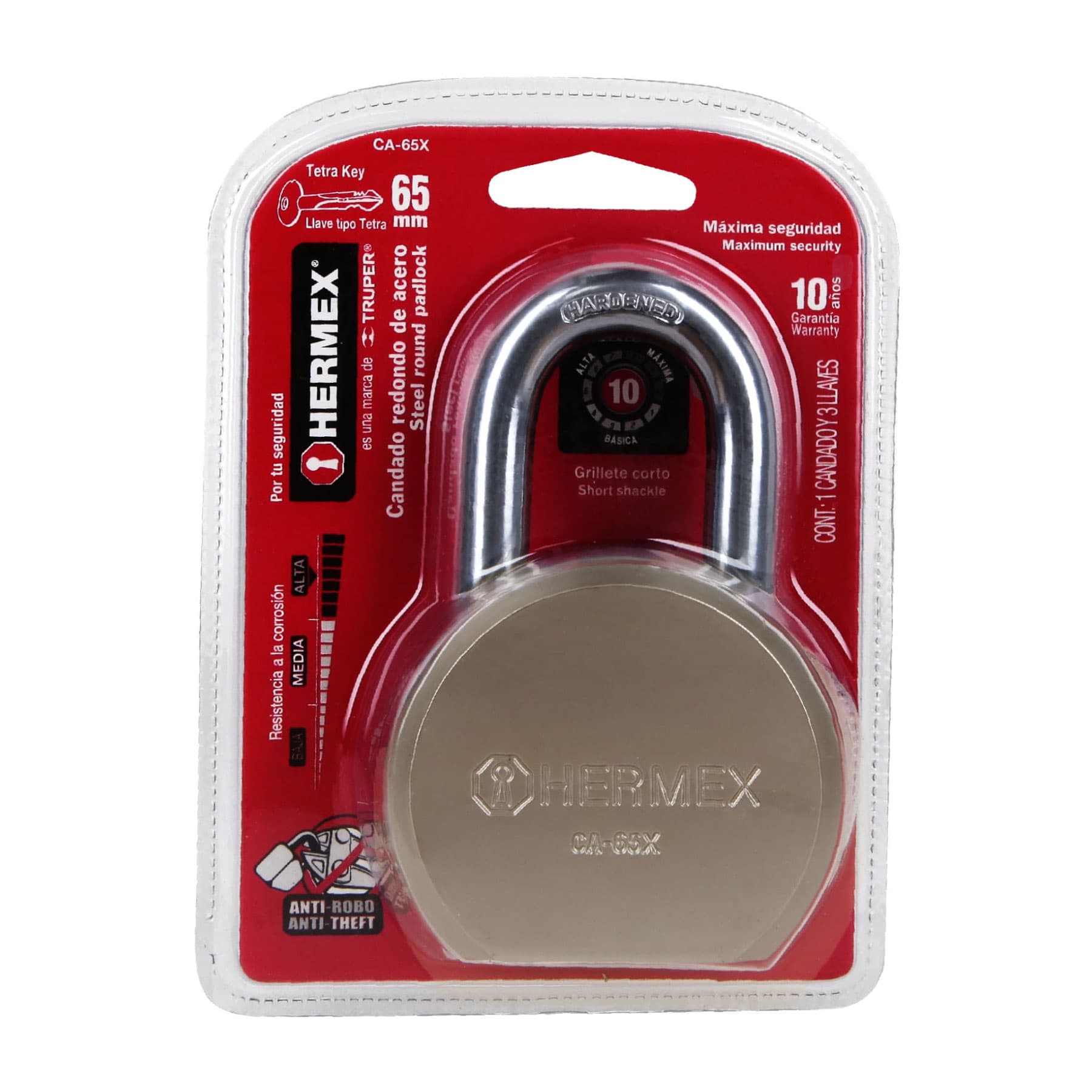 Hermex CA-65X Candado redondo, 65mm, gancho corto, llave tetra, blister