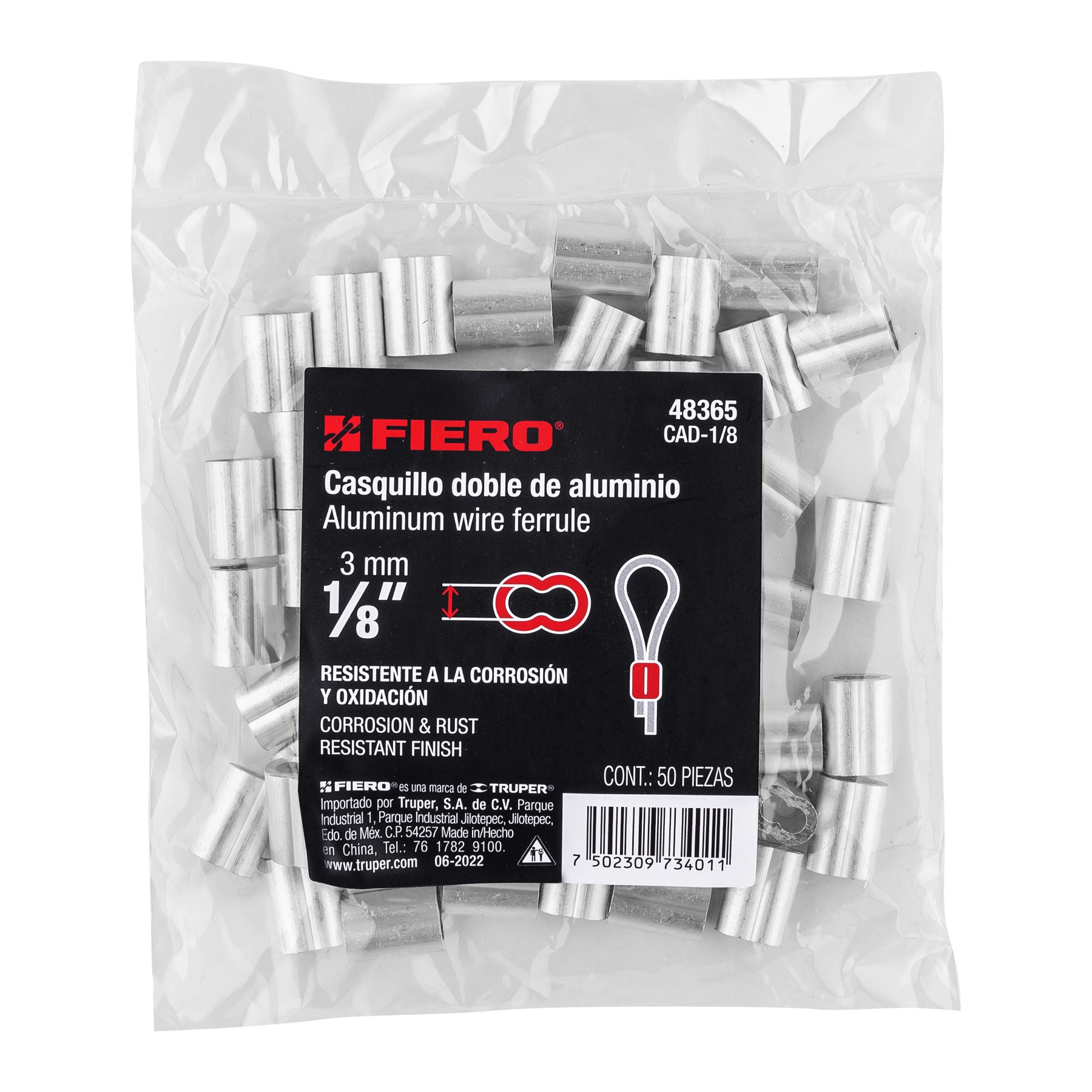 Fiero CAD-1/8 Bolsa con 50 casquillos dobles de aluminio, 1/8'