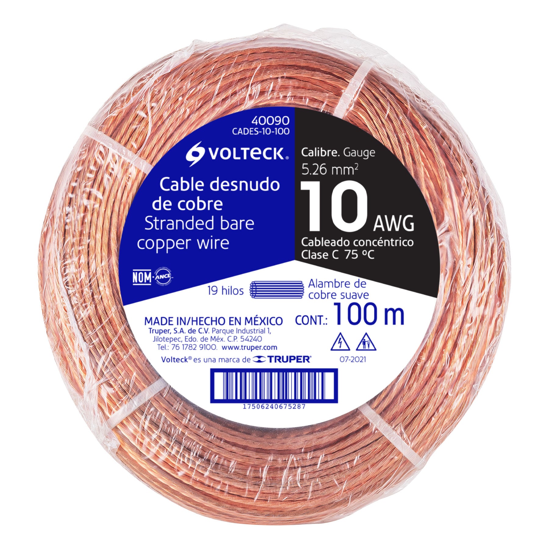 Volteck CADES-10-100 Cable desnudo de cobre calibre 10 AWG, rollo 100 m