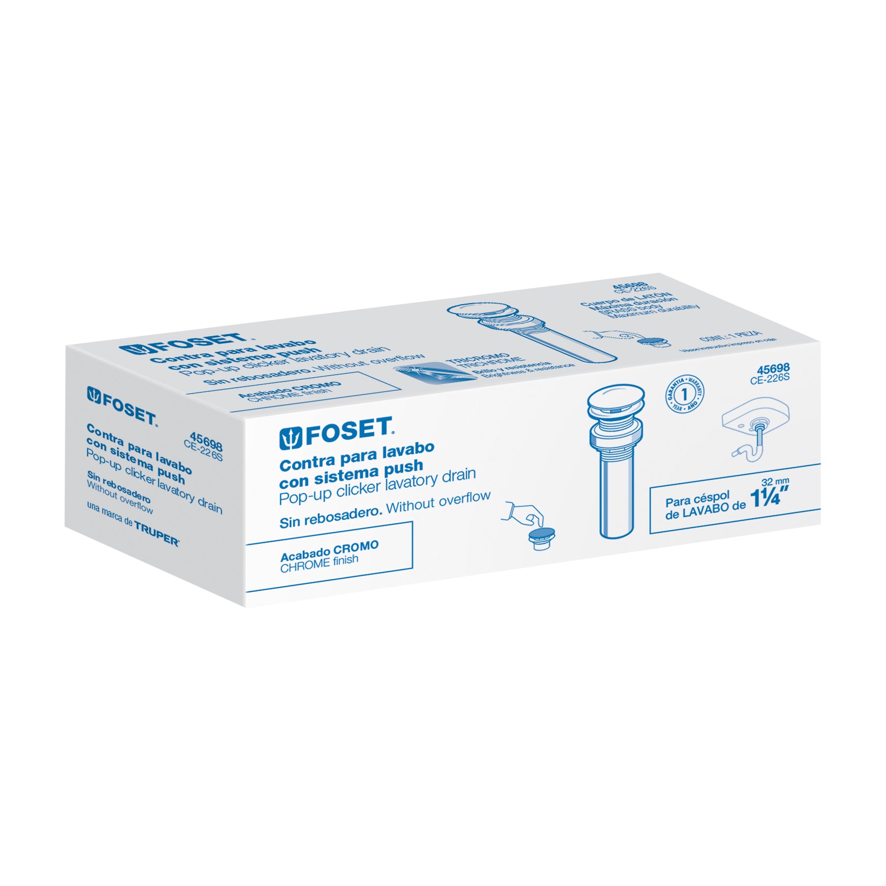 45698 Contra p/lavabo, 1-1/4', sin rebosadero, hongo, latón, cromo