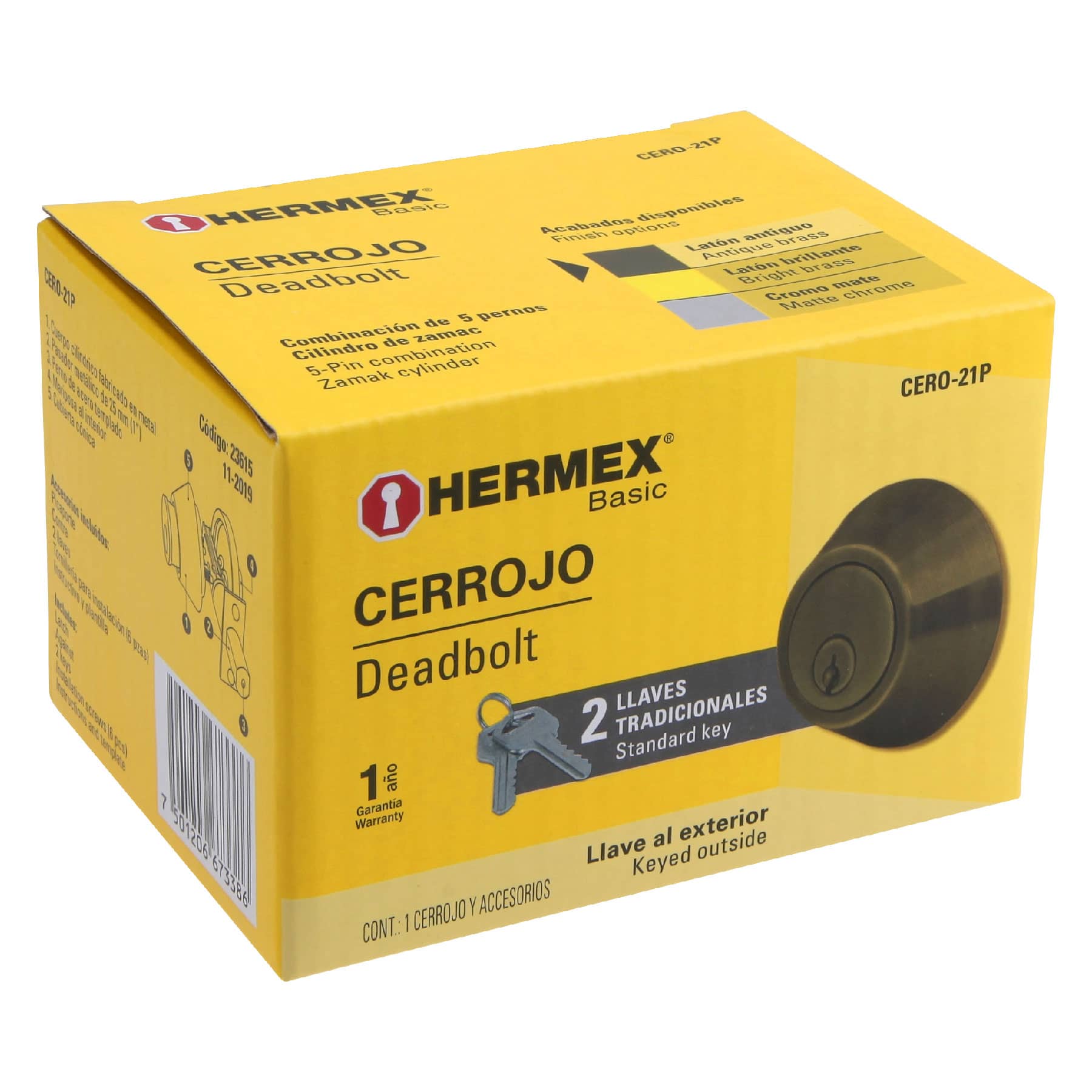 Hermex CERO-21P Cerrojo latón antiguo, llave-mariposa, Hermex Basic