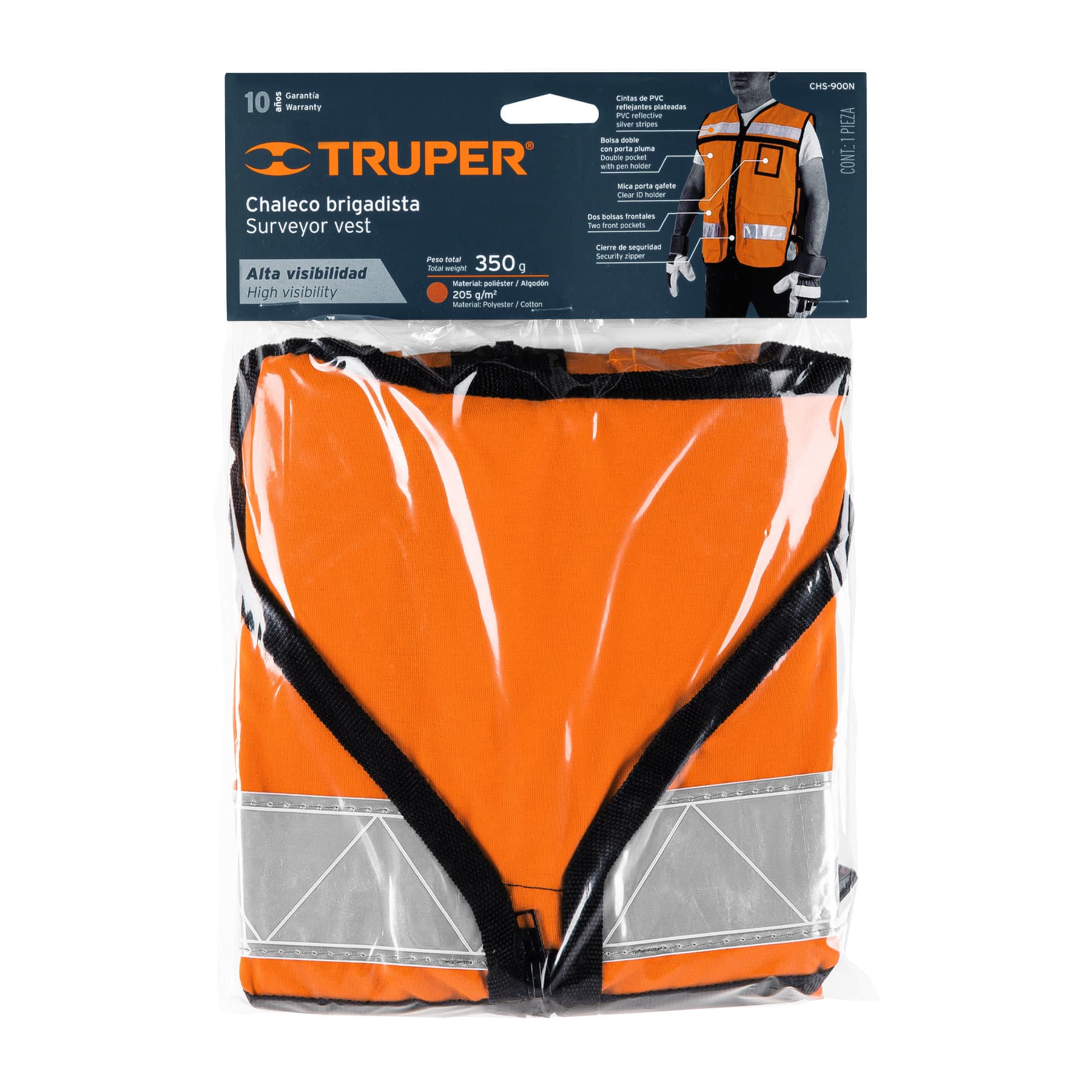 Truper CHS-900N Chaleco brigadista con cintas reflejantes, color naranja