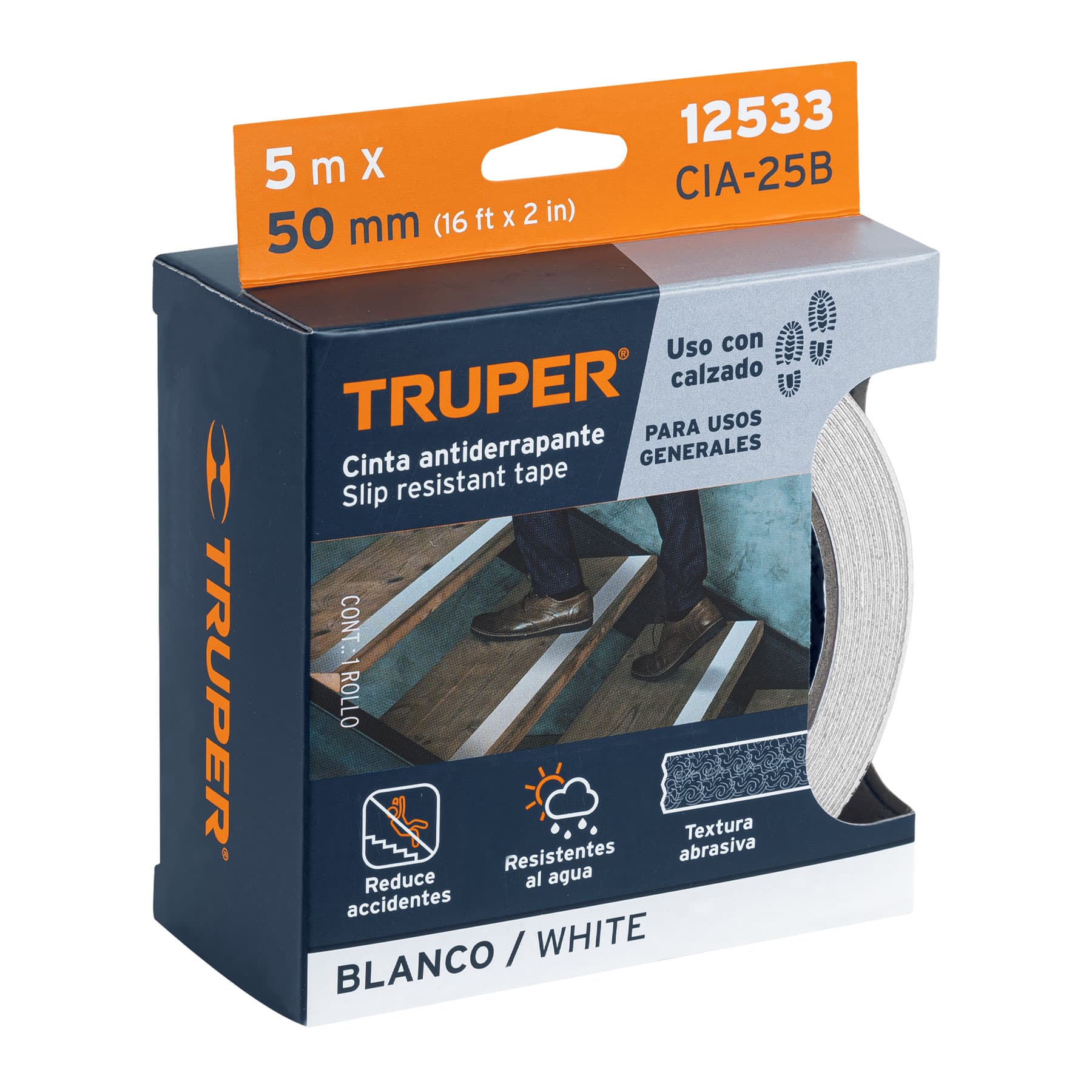 Truper CIA-25B Rollo de 5m de cinta antiderrapante blanca 50mm con abrasivo