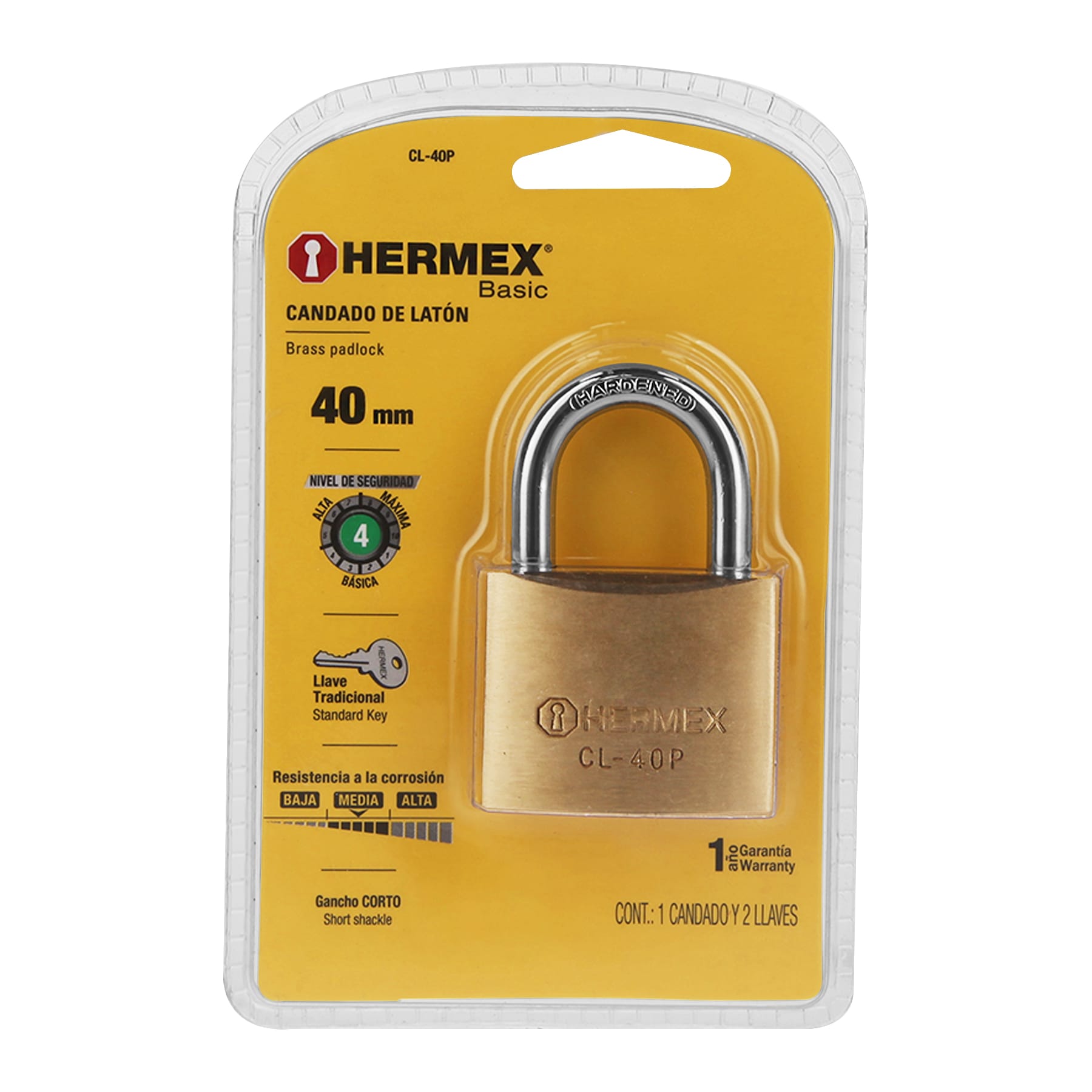 Hermex CL-40P Candado de latón, 40mm, gancho corto, blister, Hermex Basic