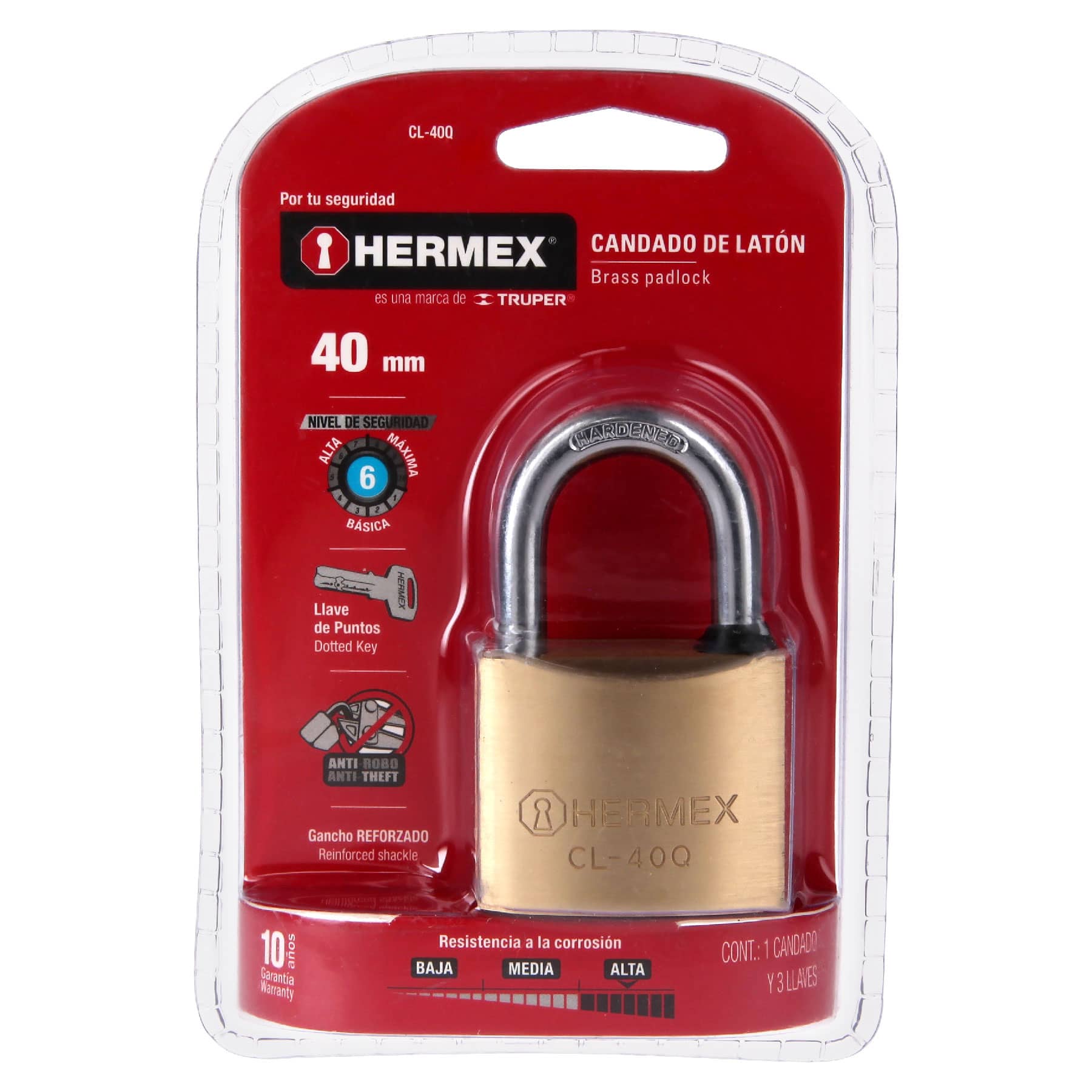 Hermex CL-40Q Candado de latón, 40mm, gancho corto, llave puntos, blister