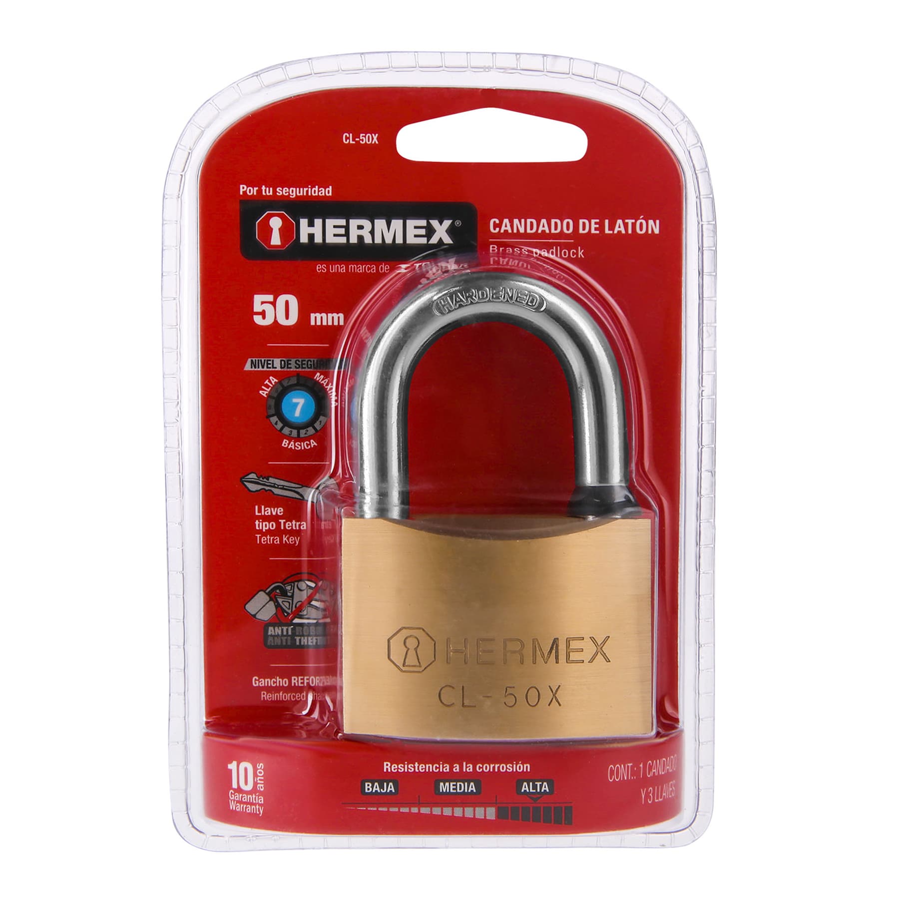 Hermex CL-50X Candado de latón, 50mm, gancho corto, llave tetra, blíster