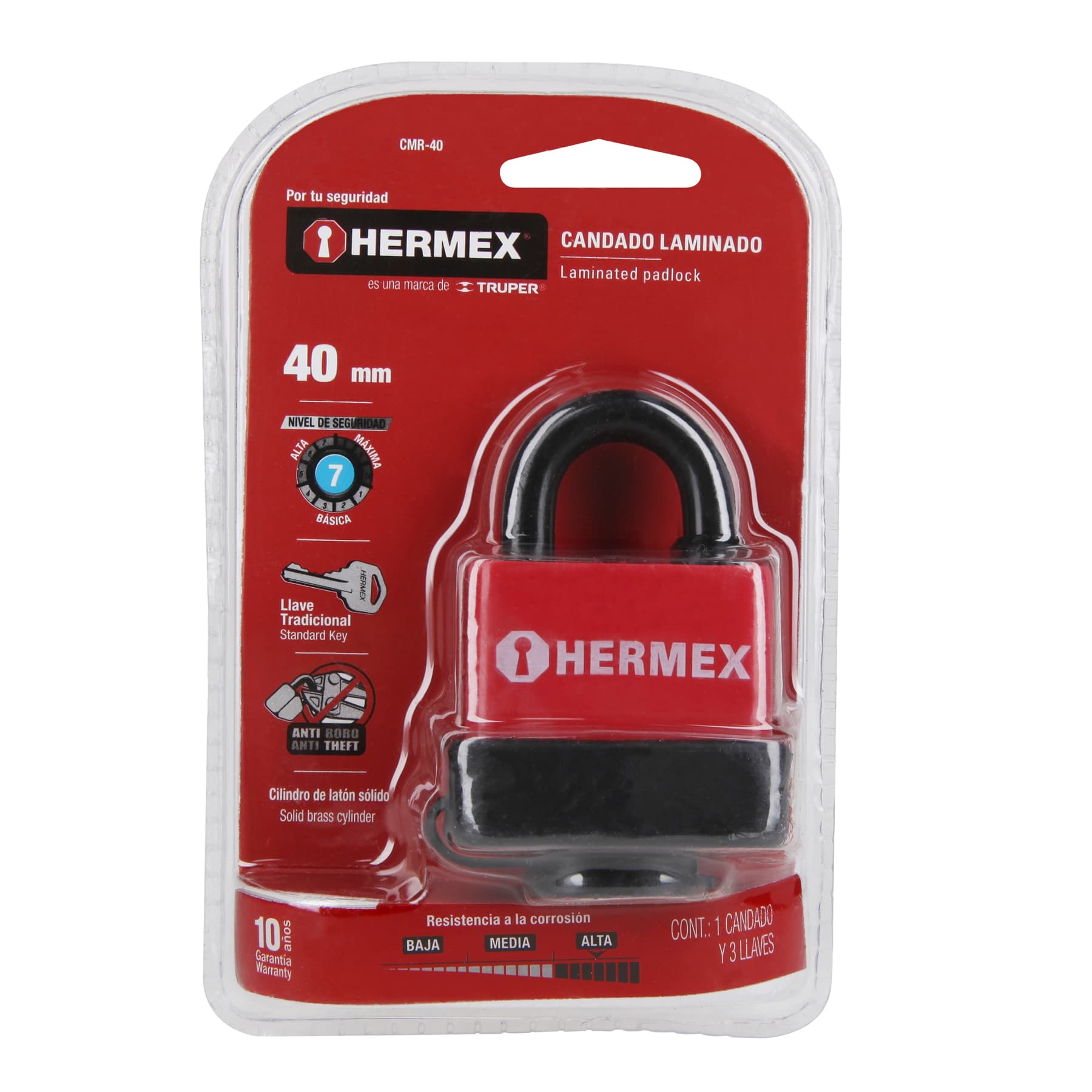 Hermex CMR-40 Candado laminado, recubierto de plástico, 40mm, blister