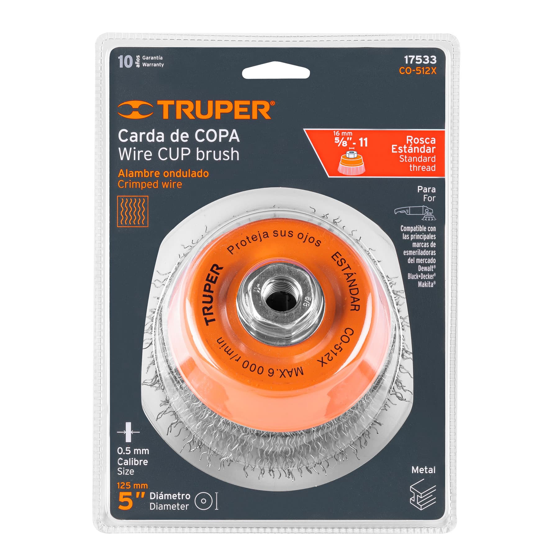 Truper CO-512X Carda de copa, alambre ondulado grueso, 5x5/8' para esmeril