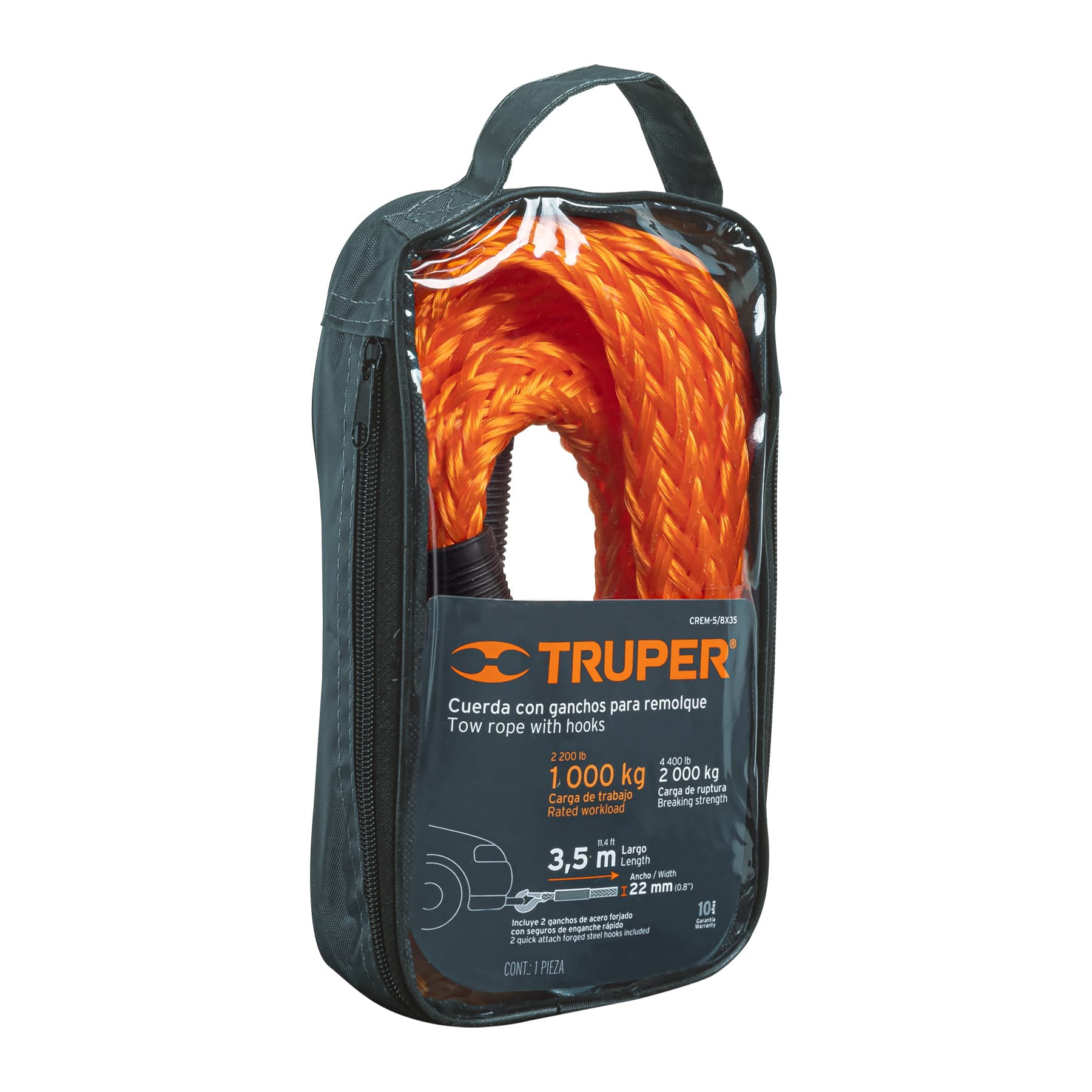 Truper CREM-5/8X35 Cuerda para remolque con ganchos,5/8' x 3.5m