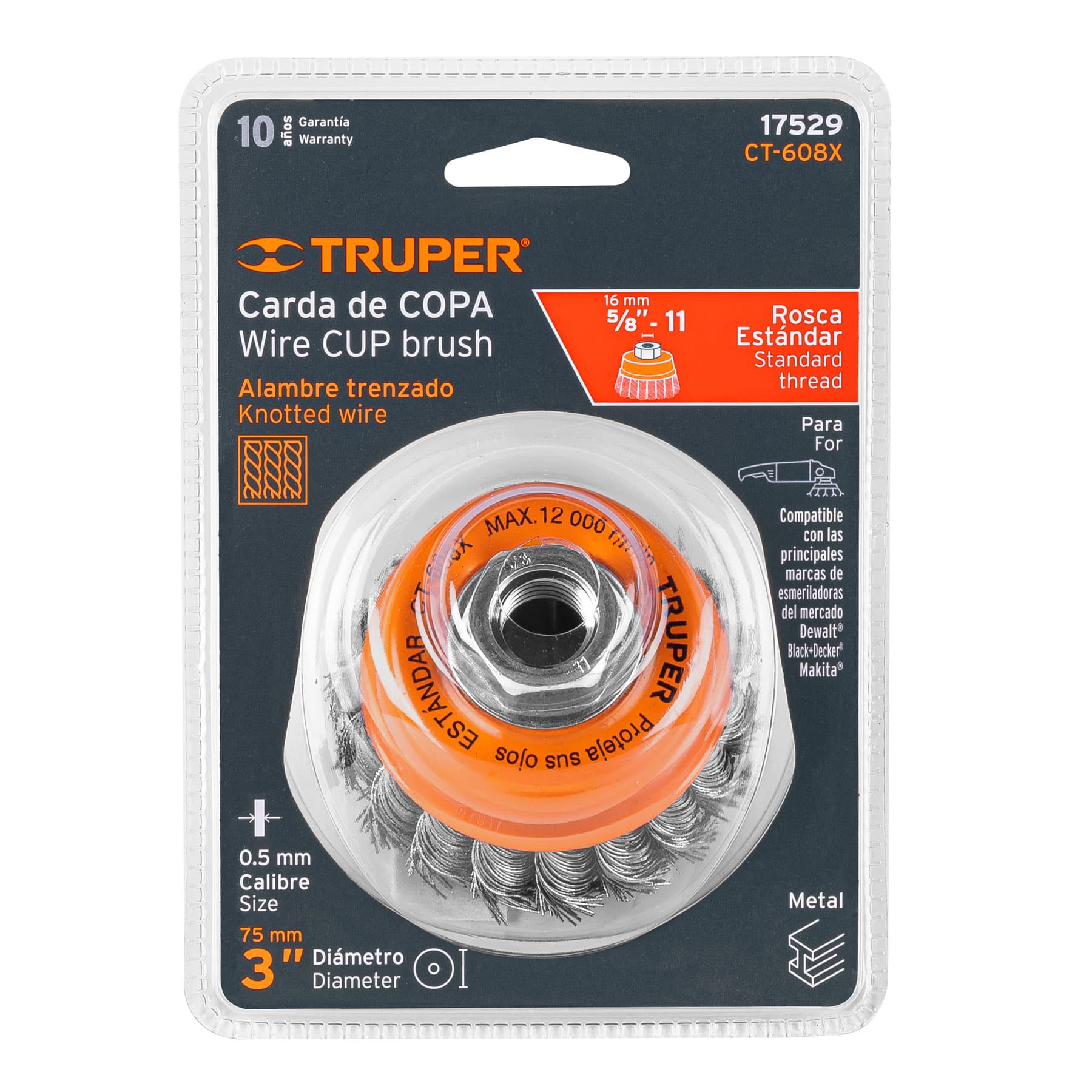 Truper CT-608X Carda copa 3' alambre trenzado grueso, eje 5/8'-11