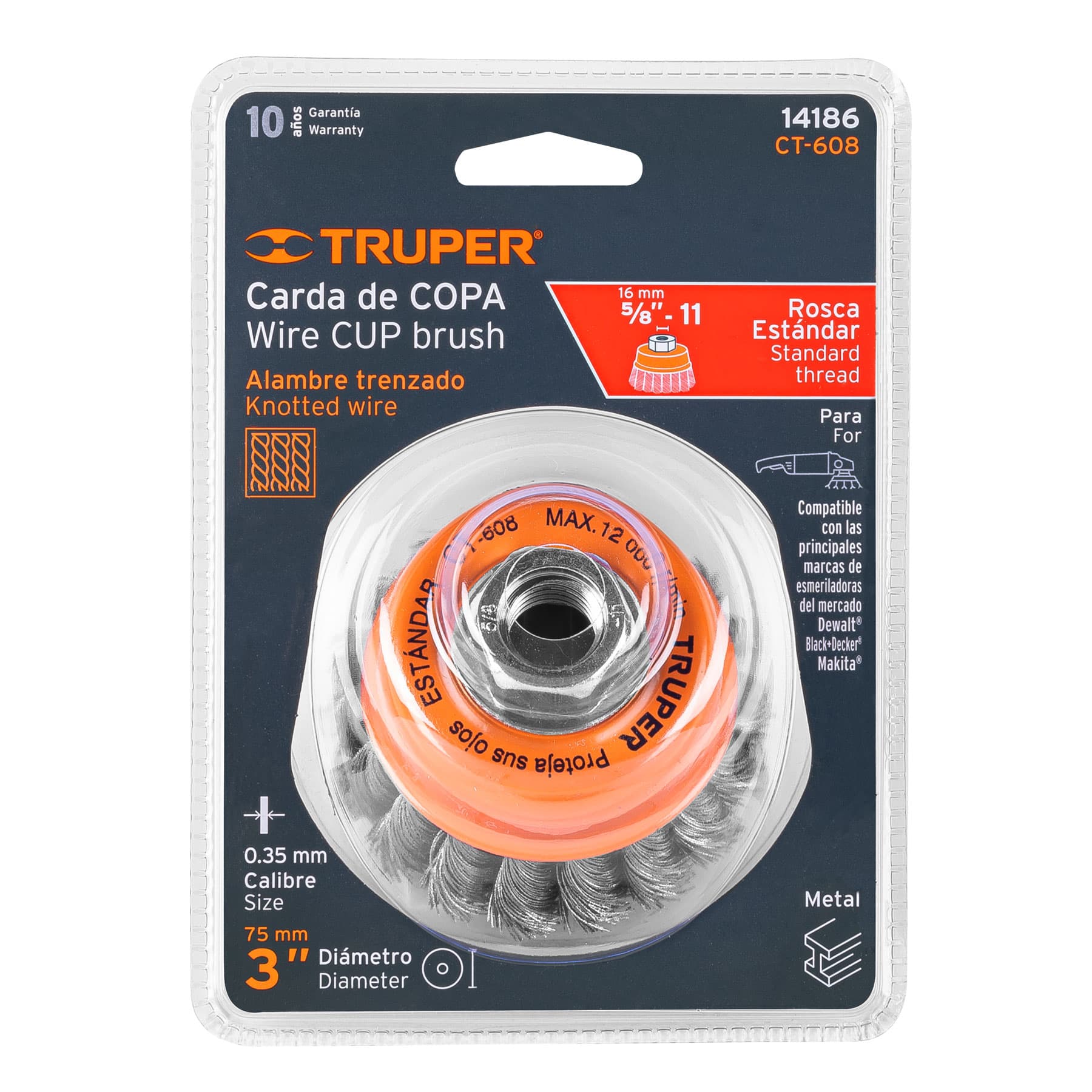 Truper CT-608 Carda copa 3' alambre trenzado fino, eje 5/8'-11