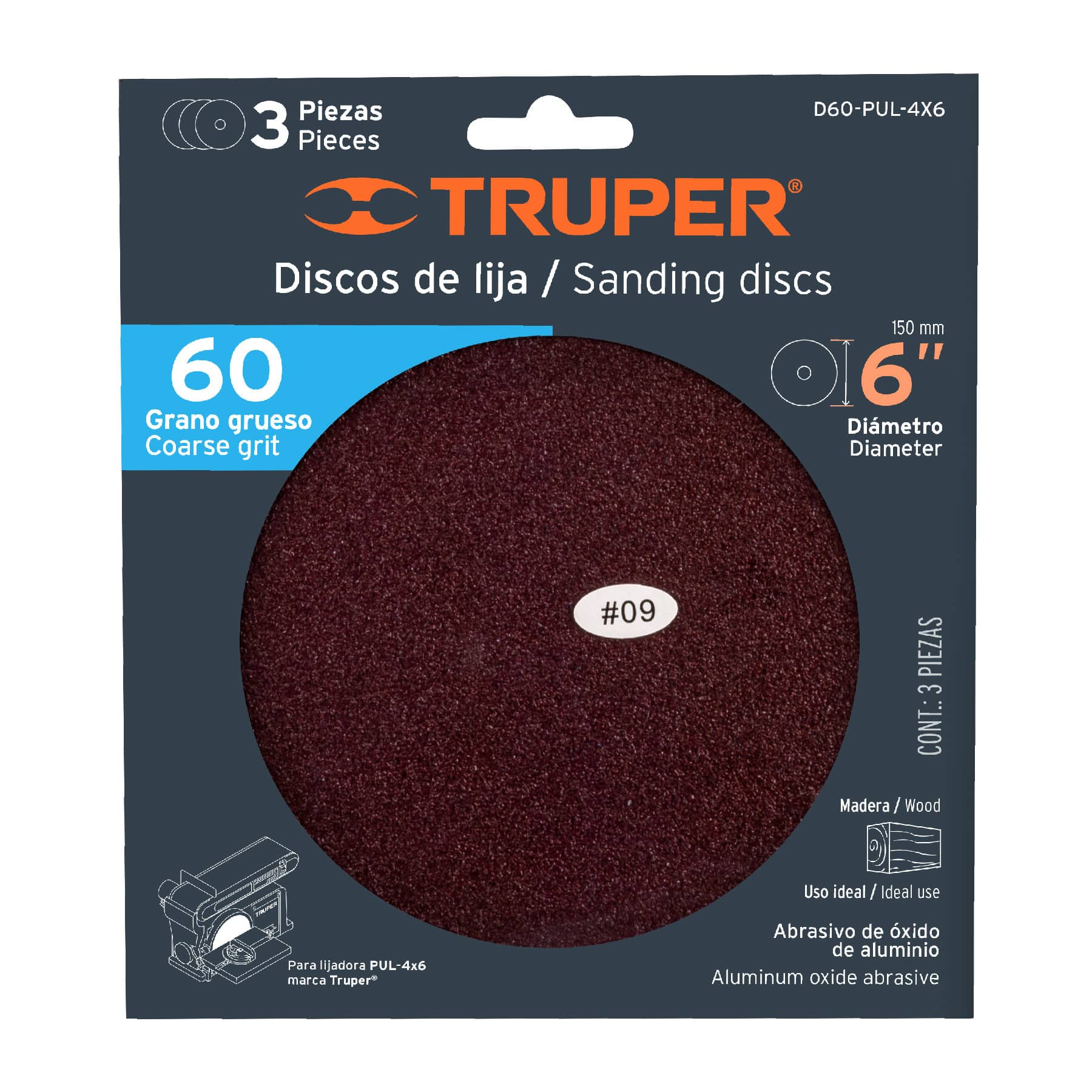 Truper D60-PUL-4X6 Disco grano 60 para lijadora PUL 4x6, funda con 3 pzas