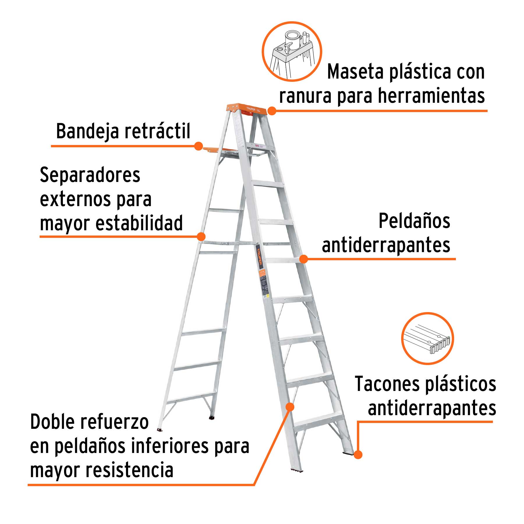 Truper EST-28 Escalera de tijera tipo II 8 peldaños con bandeja | Ferrenacional