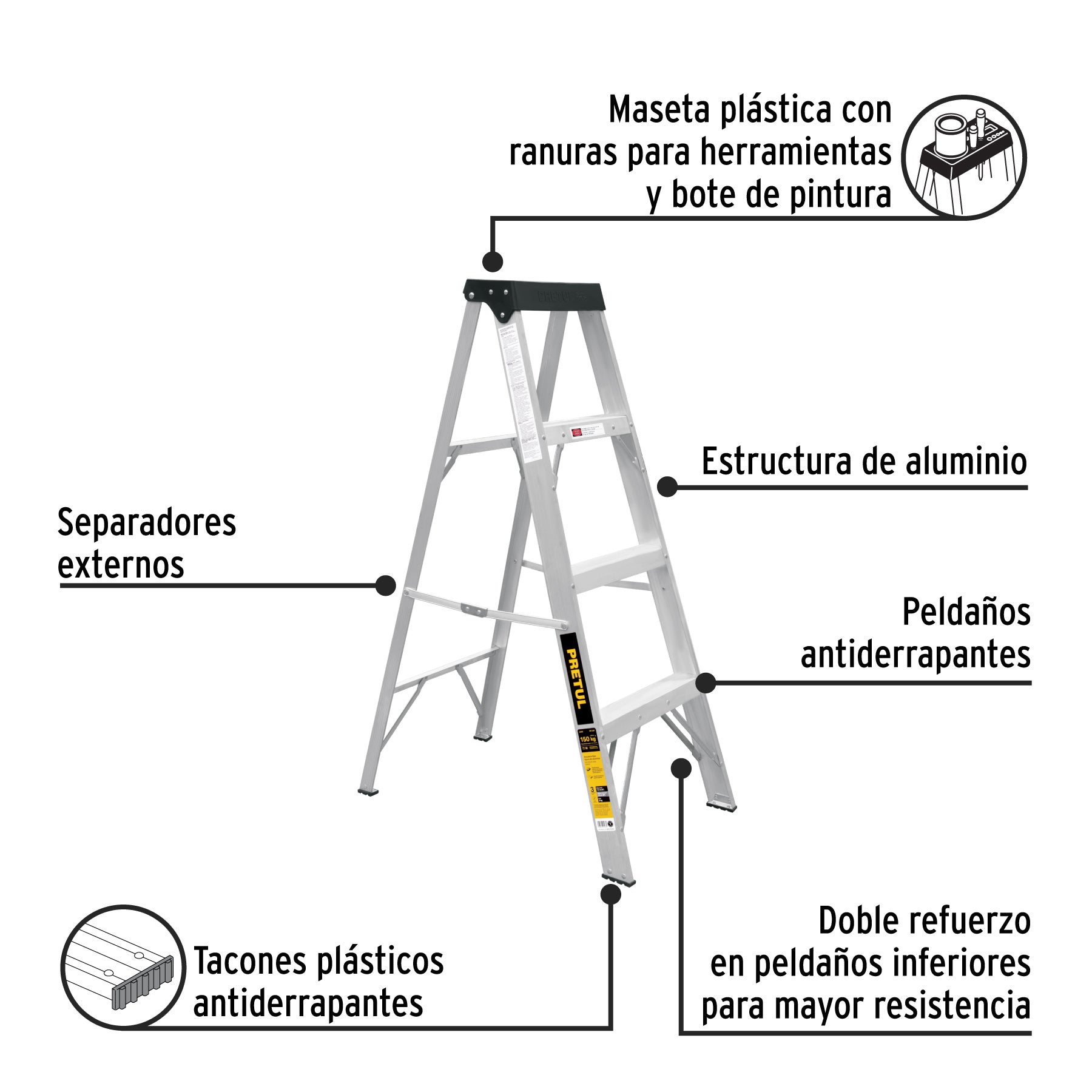 Escalera de Tijera de Aluminio 3 Peldaños con Bandeja - Pretul EST-33P