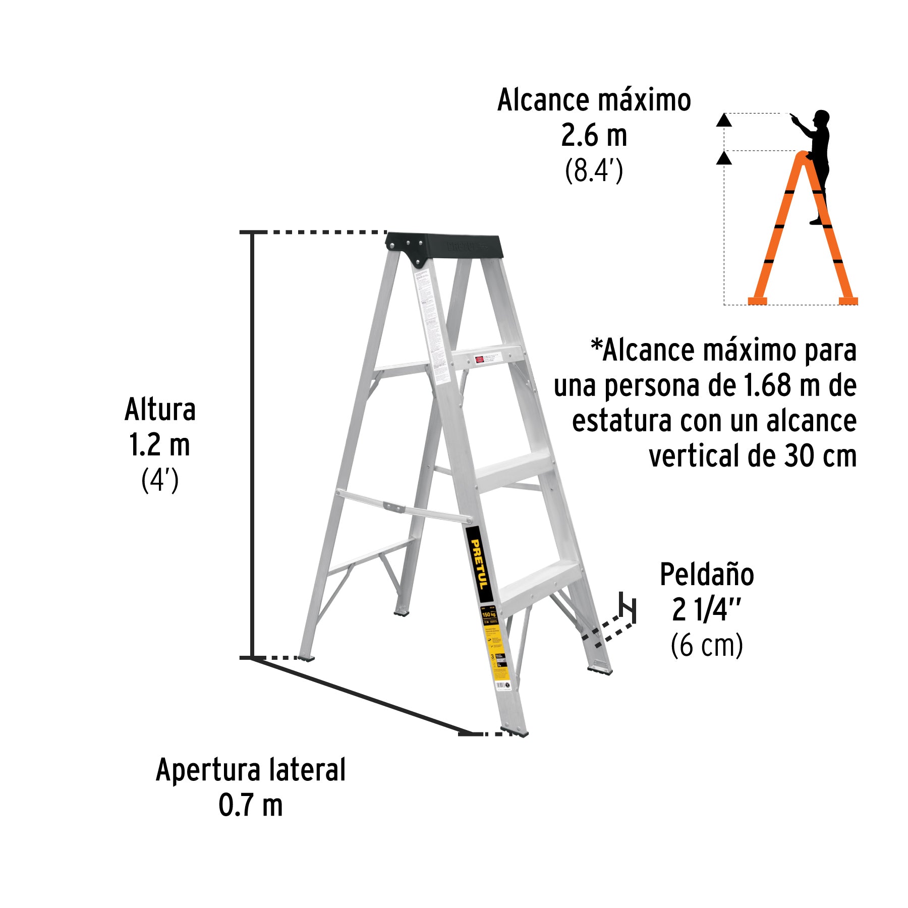 Escalera de Tijera de Aluminio 3 Peldaños con Bandeja - Pretul EST-33P