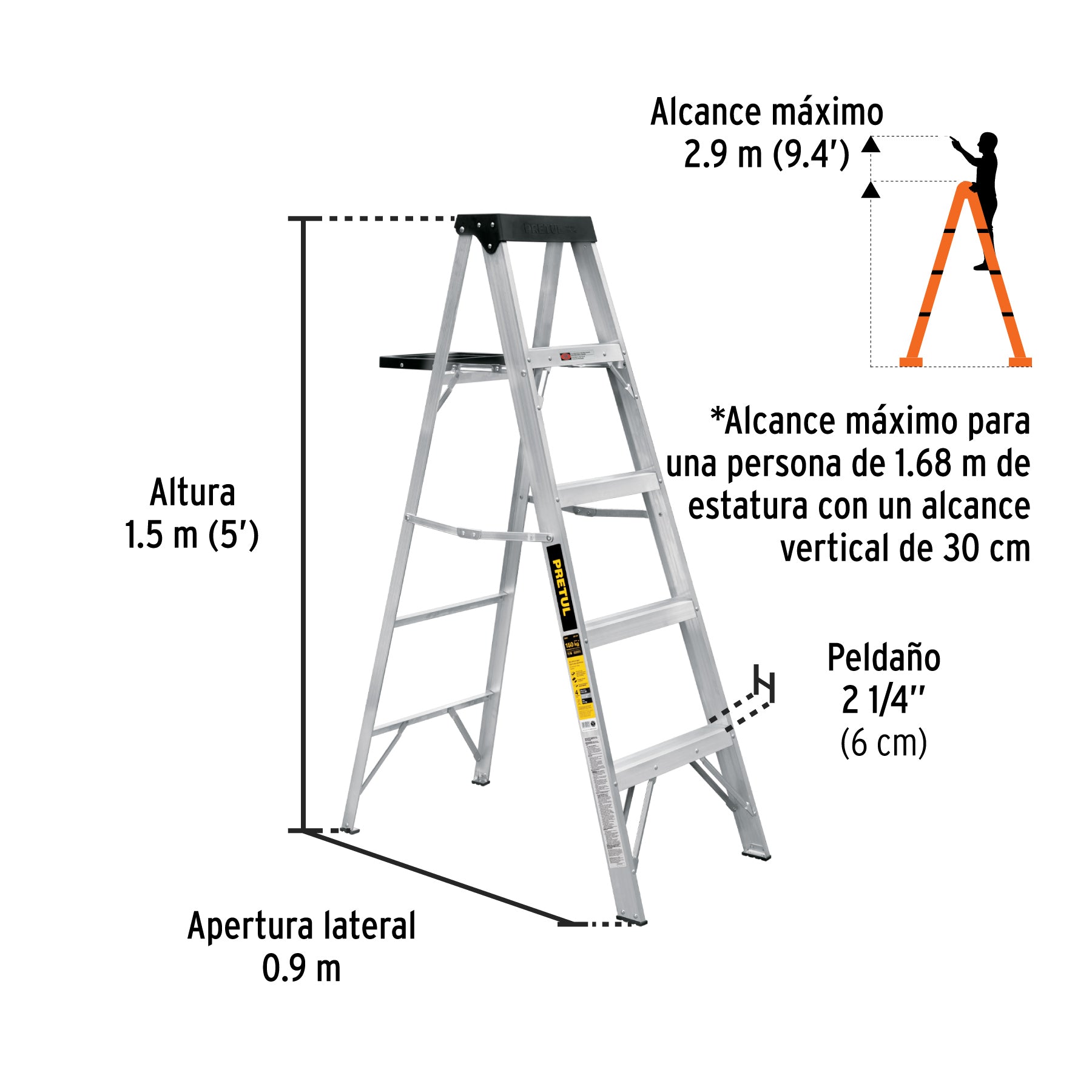 Escalera de Tijera de Aluminio 4 Peldaños con Bandeja - Pretul EST-34P