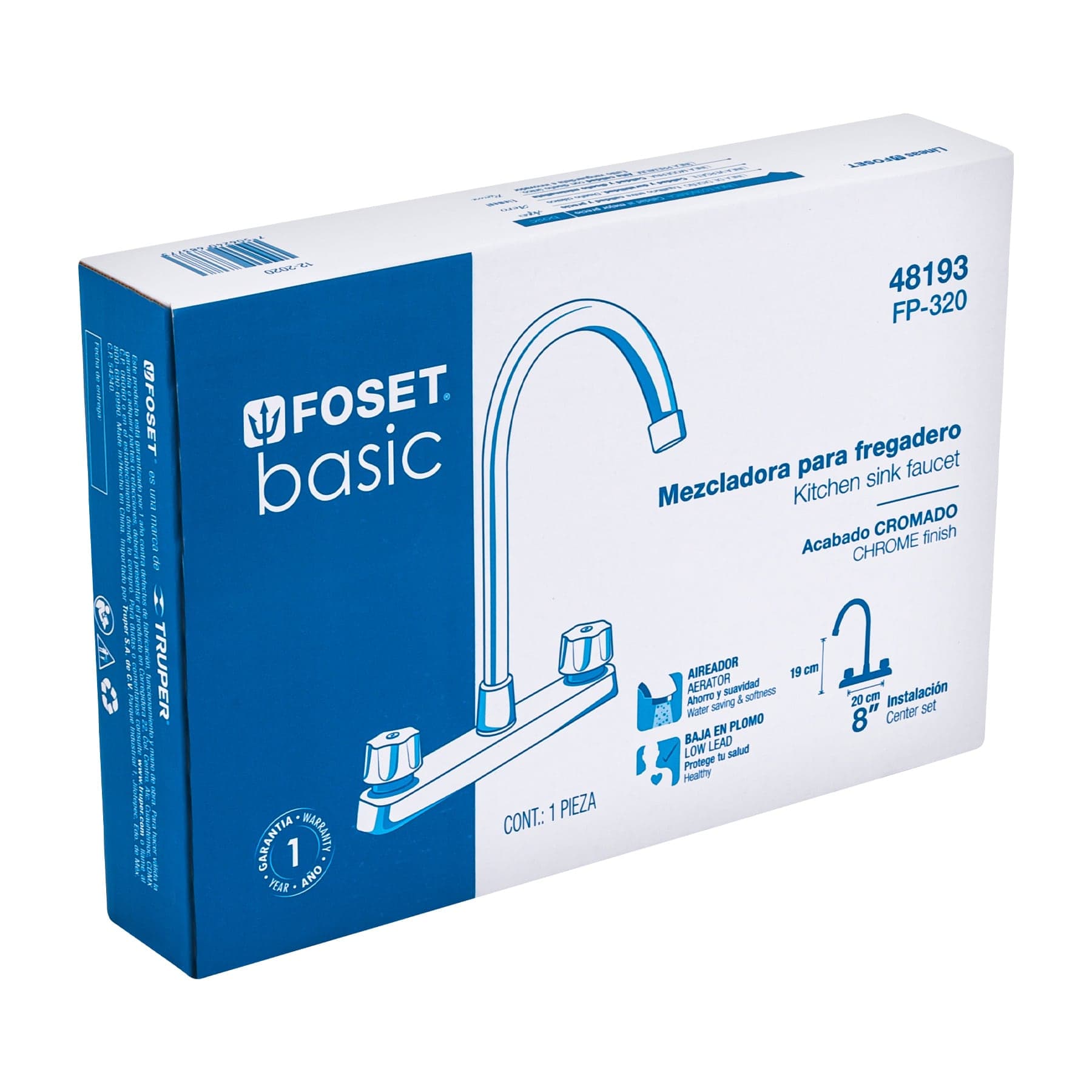 Foset FP-320P Mezcladora plástica 8' cuello alto para fregadero, palanca