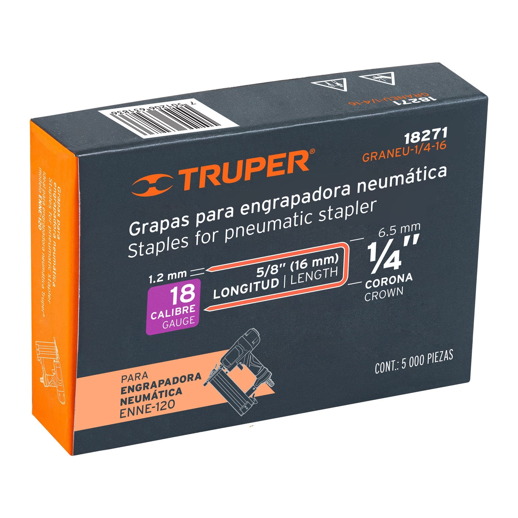 Truper GRANEU-1/4-16 Caja con 5000 grapas corona 1/4' calibre 18, 16mm p/ENNE-120