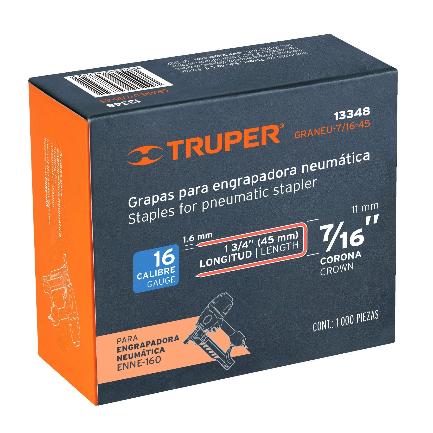 Truper GRANEU-7/16-45 Caja con 1000 grapas corona 7/16' cal. 16, 45mm p/ENNE-160