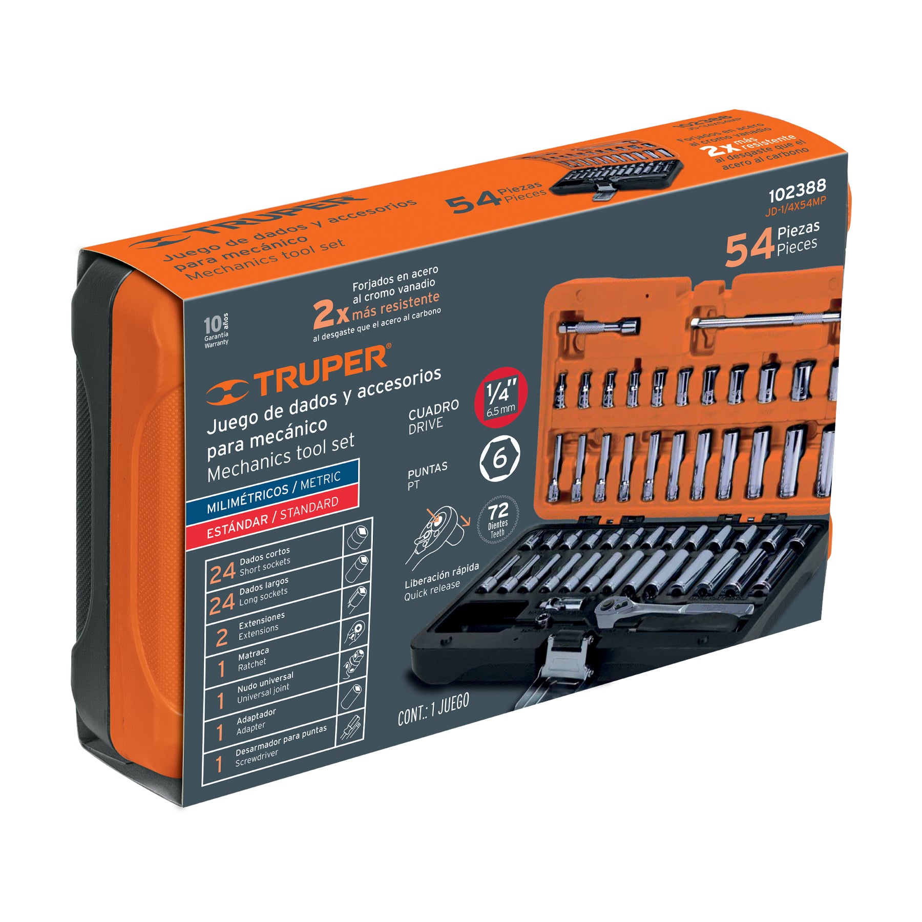 Truper JD-1/4X54MP Juego de 54 herramientas cuadro 1/4' std y mm para mecánico