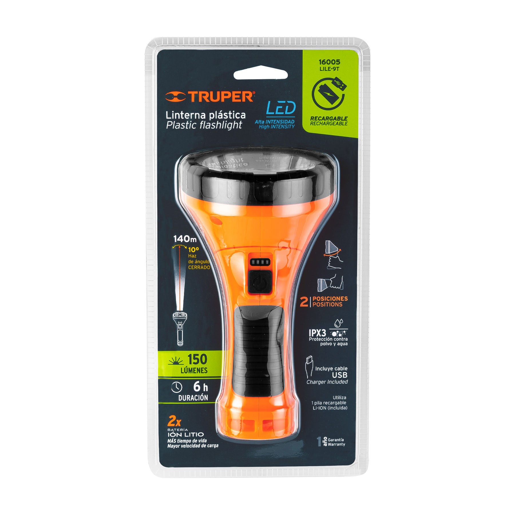 Truper LILE-9T Linterna recargable de LED, 150 lúmenes