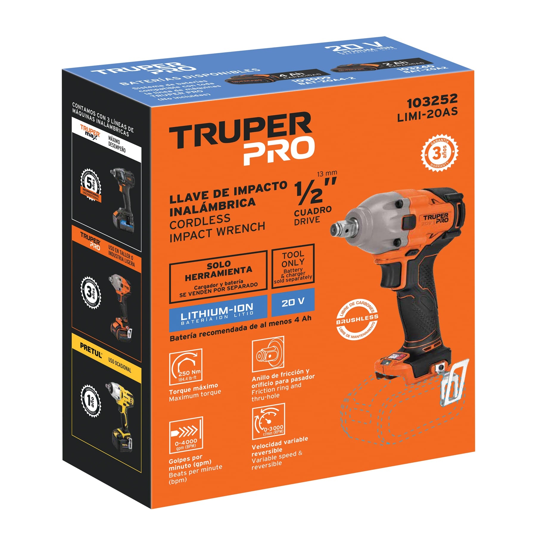 103252 LIMI-20AS Llave de impacto 1/2", 20V, 184 lb/ft, sin accesorios, PRO