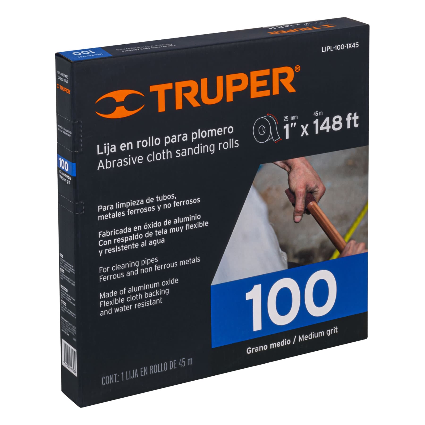 Truper LIPL-100-1X45 Lija para plomero grano 100, ancho 1', rollo de 45 m