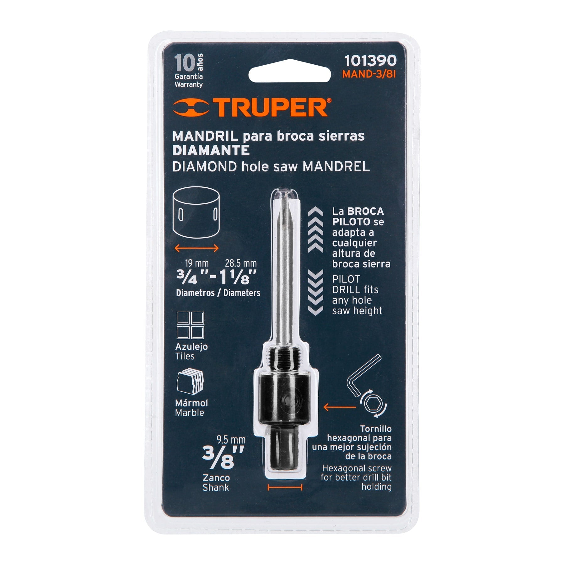Truper MAND-3/8I Mandril para brocasierra diamante con rosca 3/8'