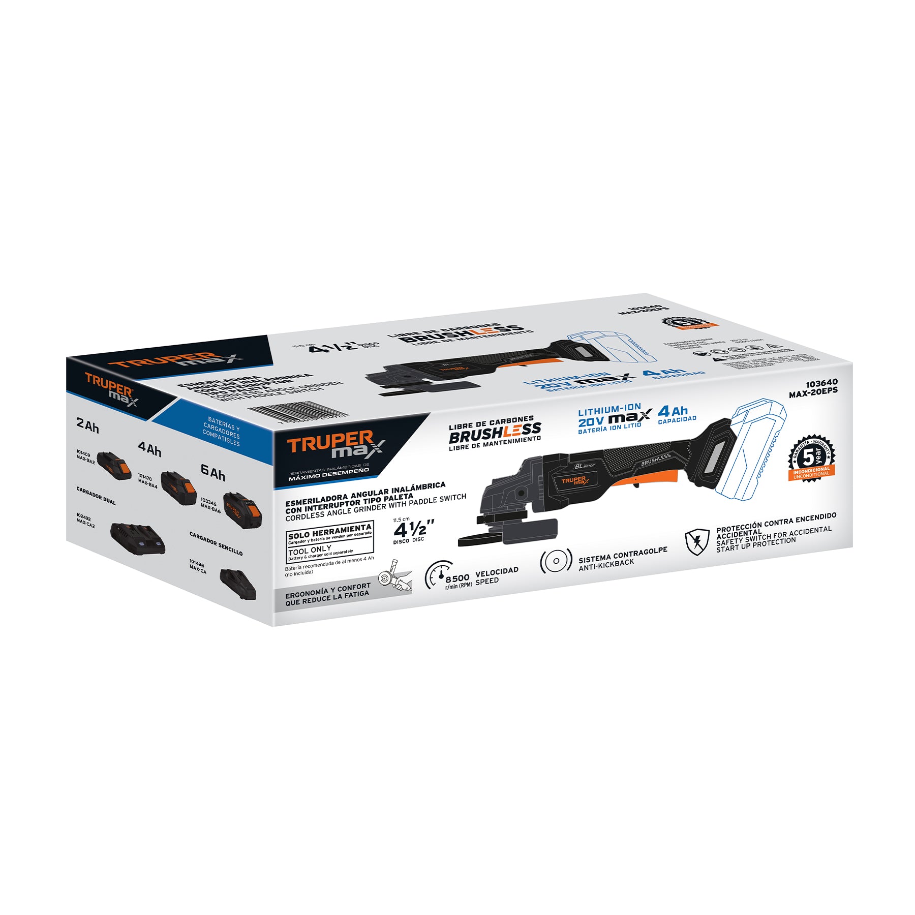 Esmeriladora Inalámbrica 4-1/2" Brushless 20V (Sin Batería) - Truper MAX-20EPS