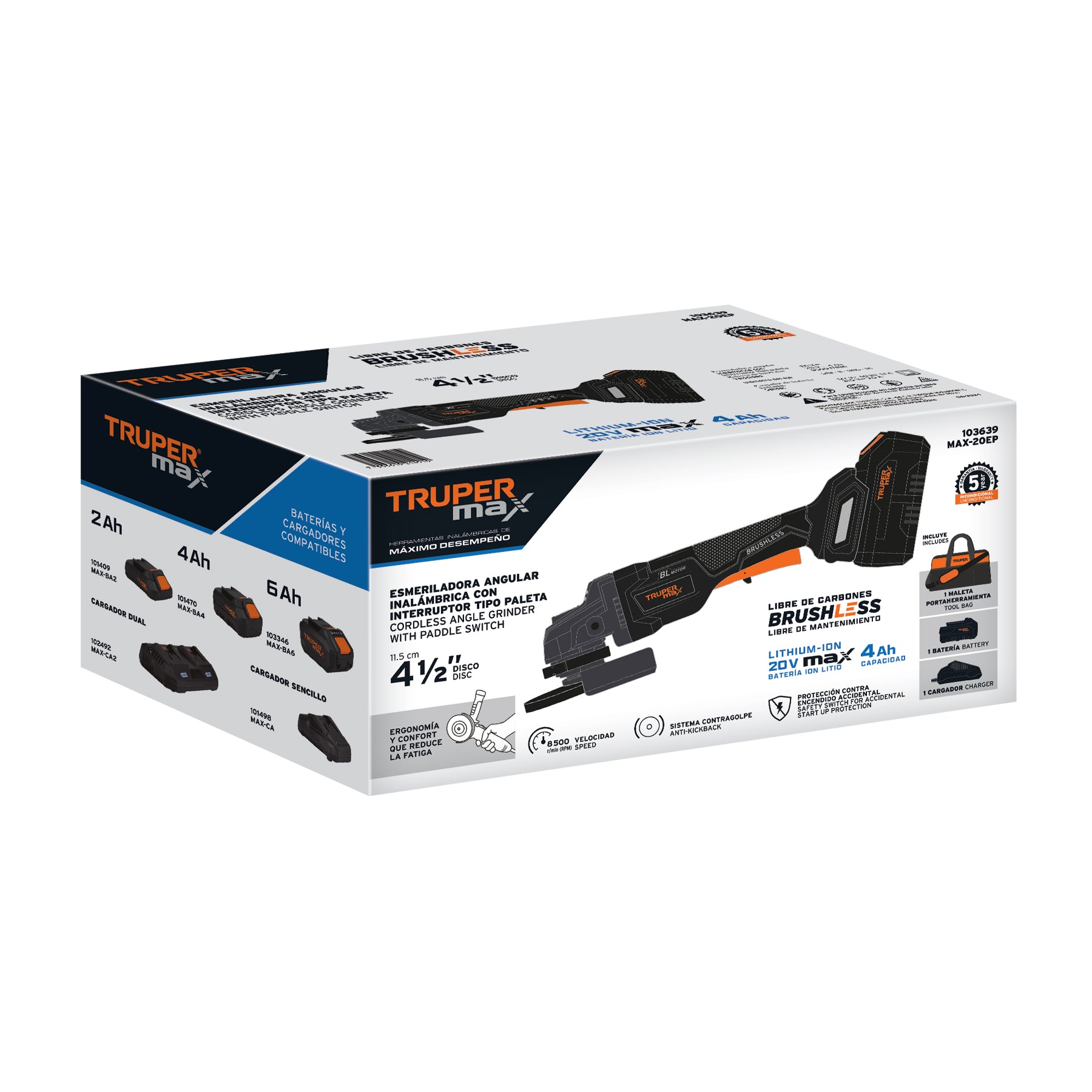 Esmeriladora Inalámbrica 4-1/2" Brushless 20V - Truper MAX-20EP