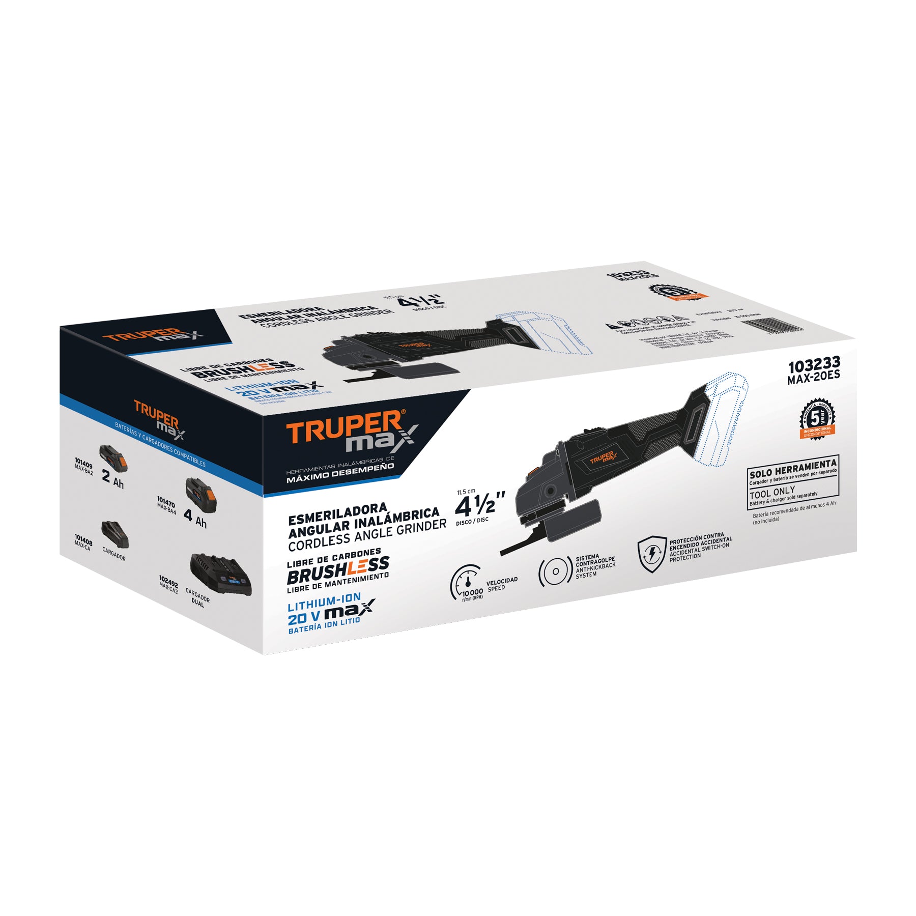 Esmeriladora 4-1/2", 20V, s/accesorios, MAX