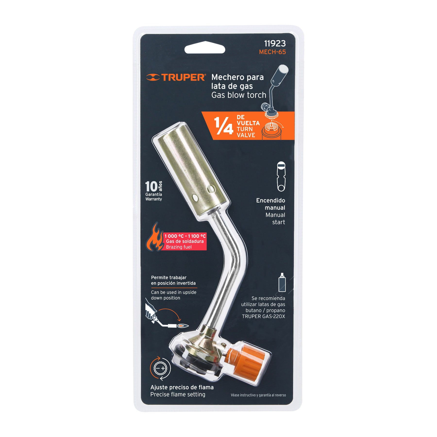 Truper MECH-65 Mechero para lata de gas , 65 mm, 1/4 de vuelta