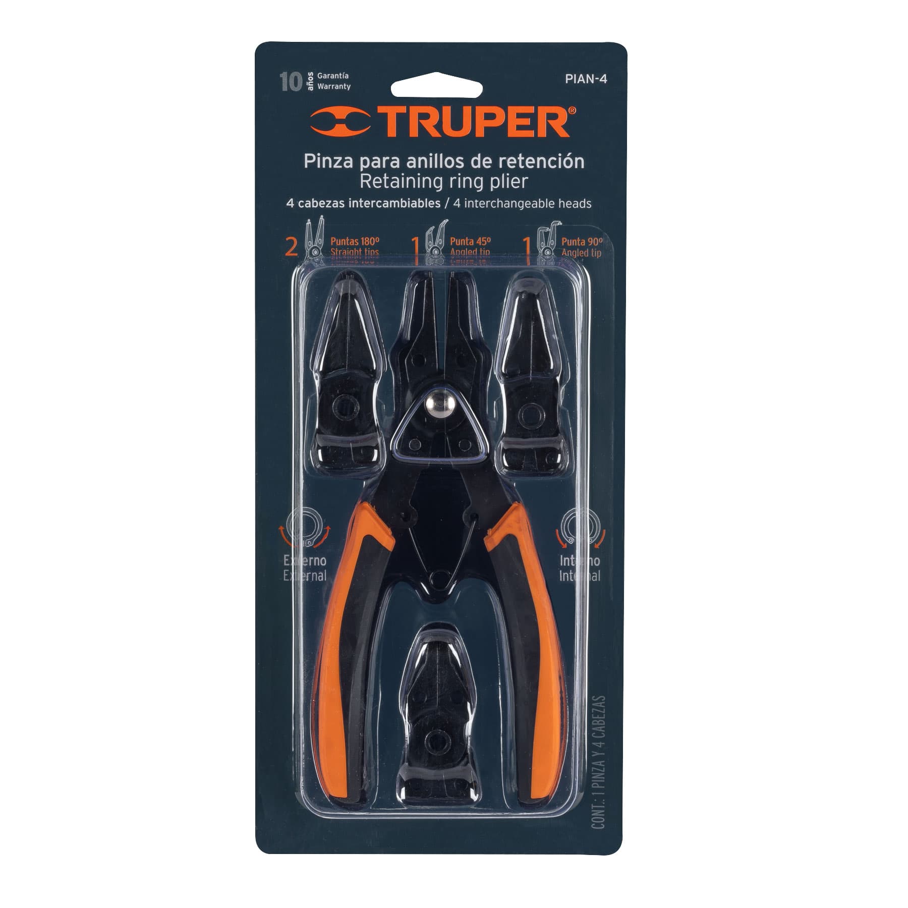 Truper PIAN-4 Pinza para anillos de retención, 4 cabezas intercambiables