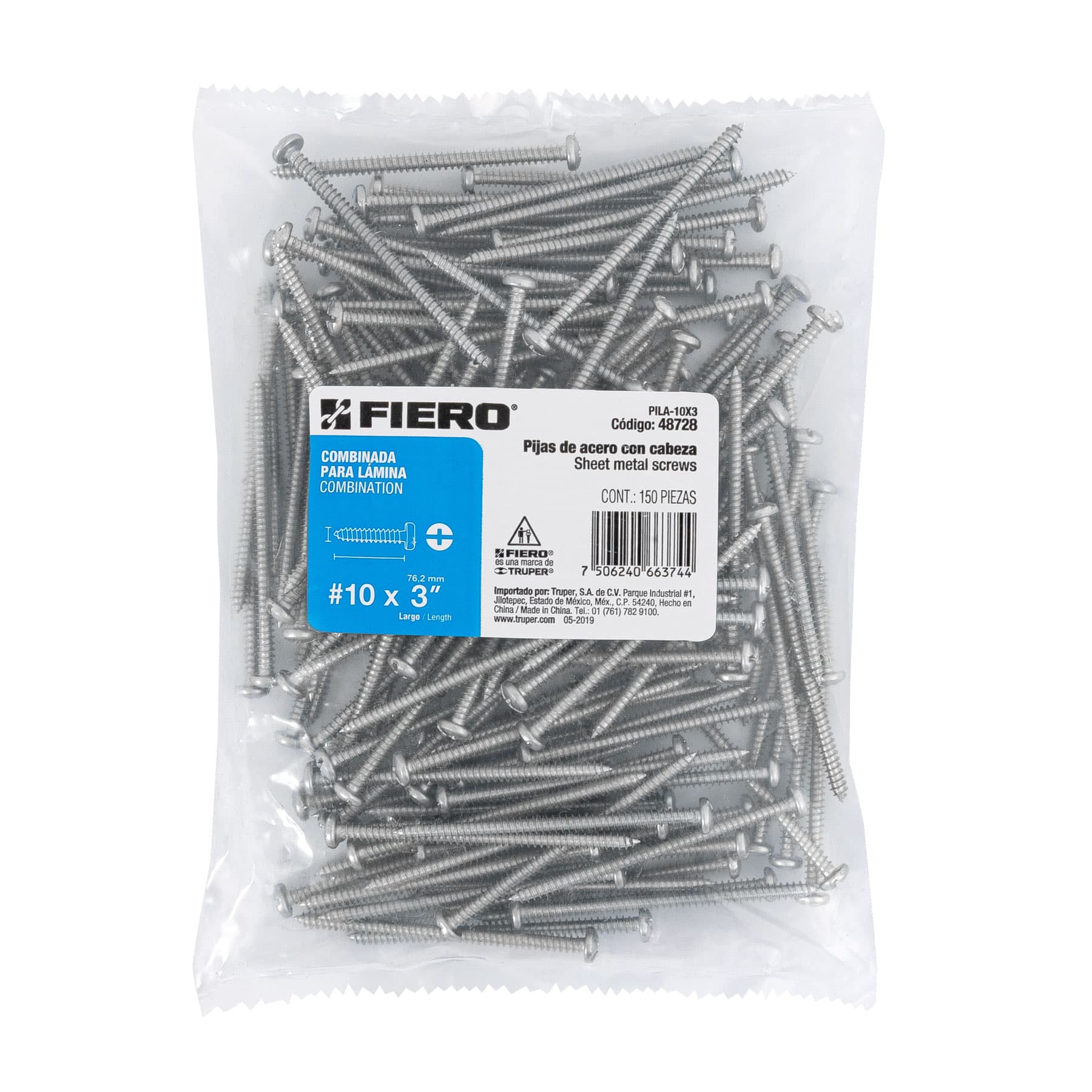 Fiero PILA-10X3 Bolsa con 150 pijas para lámina, #10 x 3'