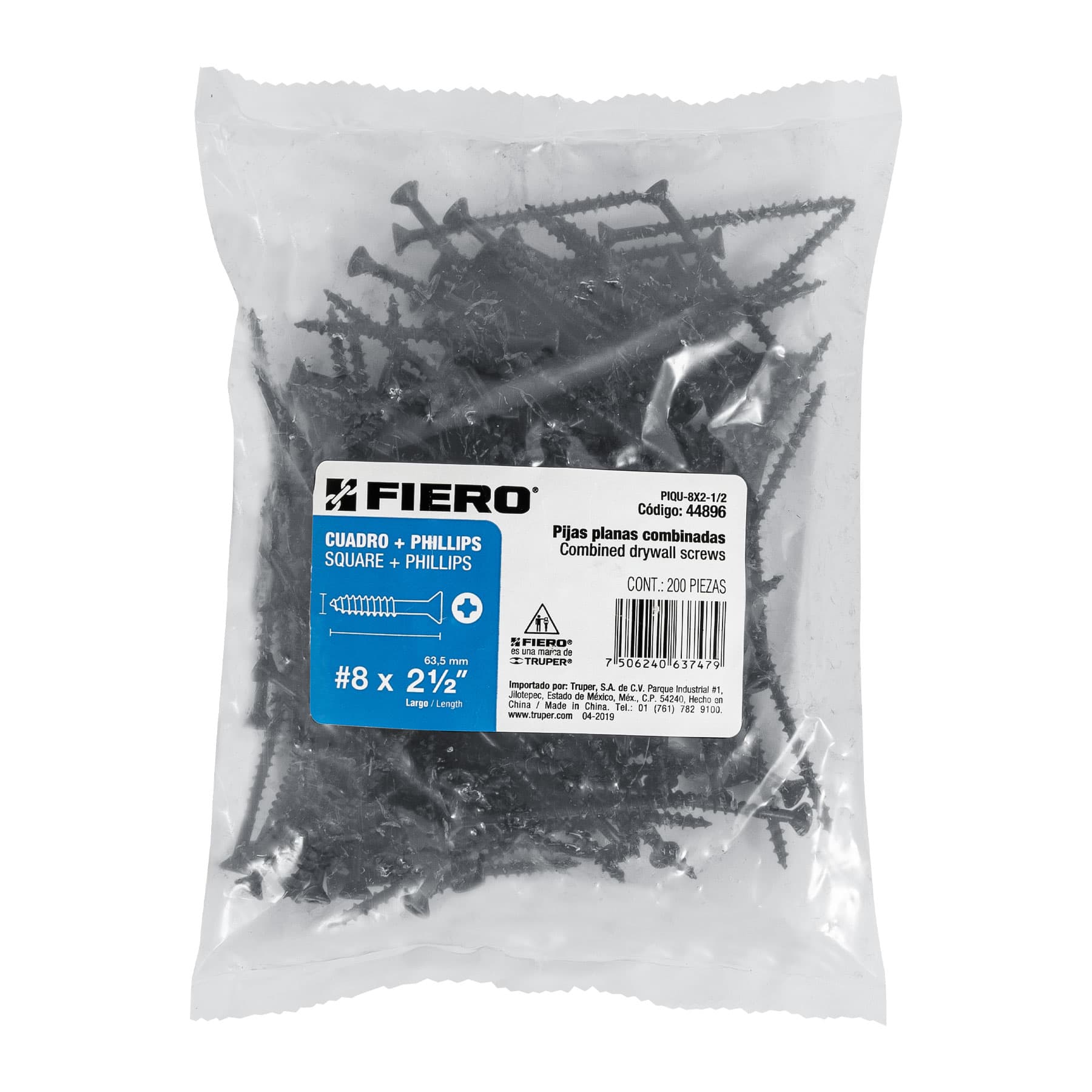 Fiero PIQU-8X2-1/2 Bolsa con 200 pijas #8 x 2-1/2' tipo Quadrex