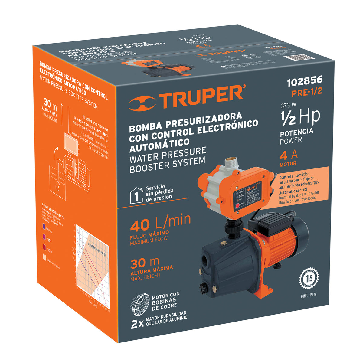 102856 PRE-1/2 Bomba presurizadora jet hierro 1/2 HP con control, Truper