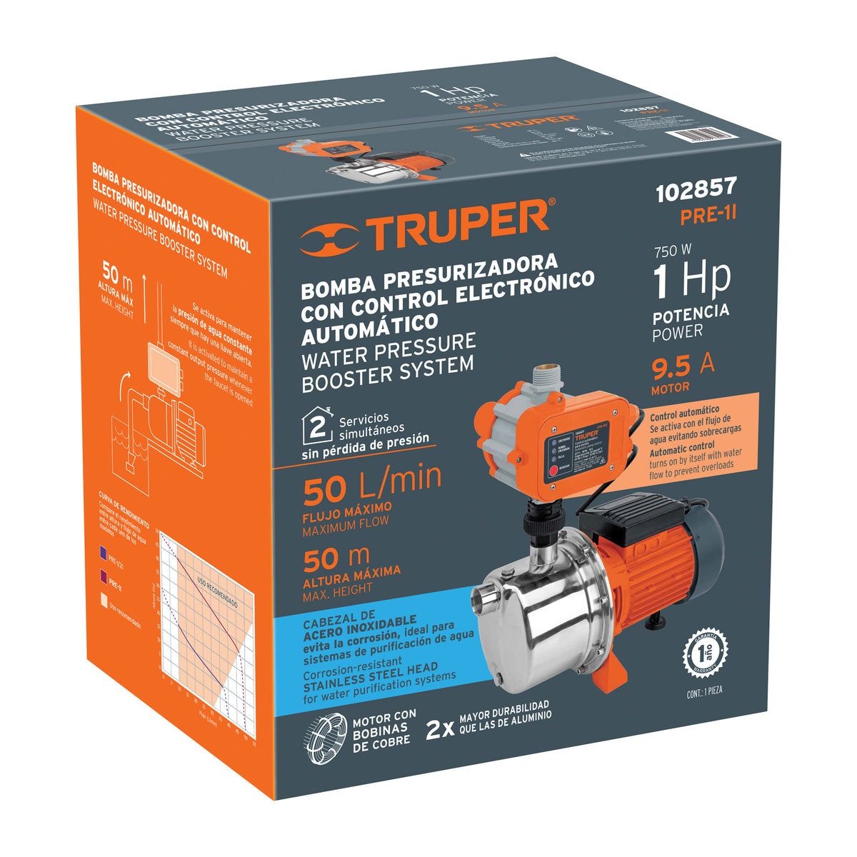 102857 PRE-1I Bomba presurizadora jet acero 1 HP con control, Truper