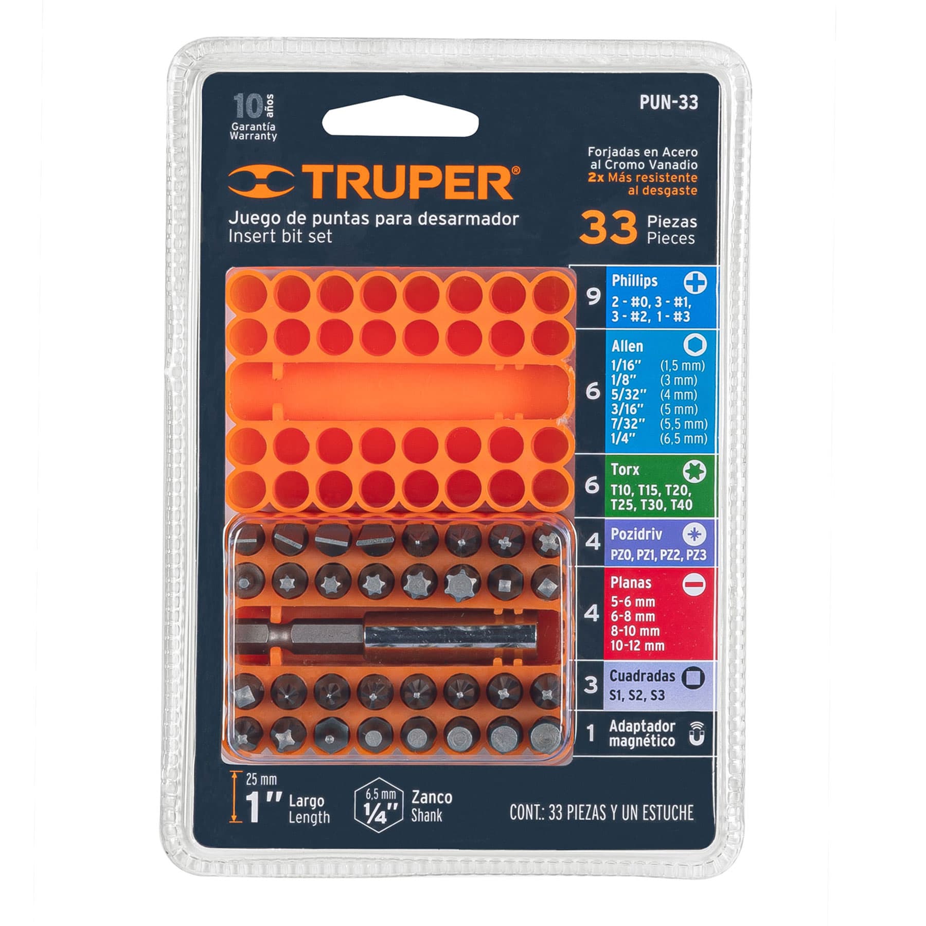 Truper PUN-33 Juego de puntas mixtas, 1', 33 piezas
