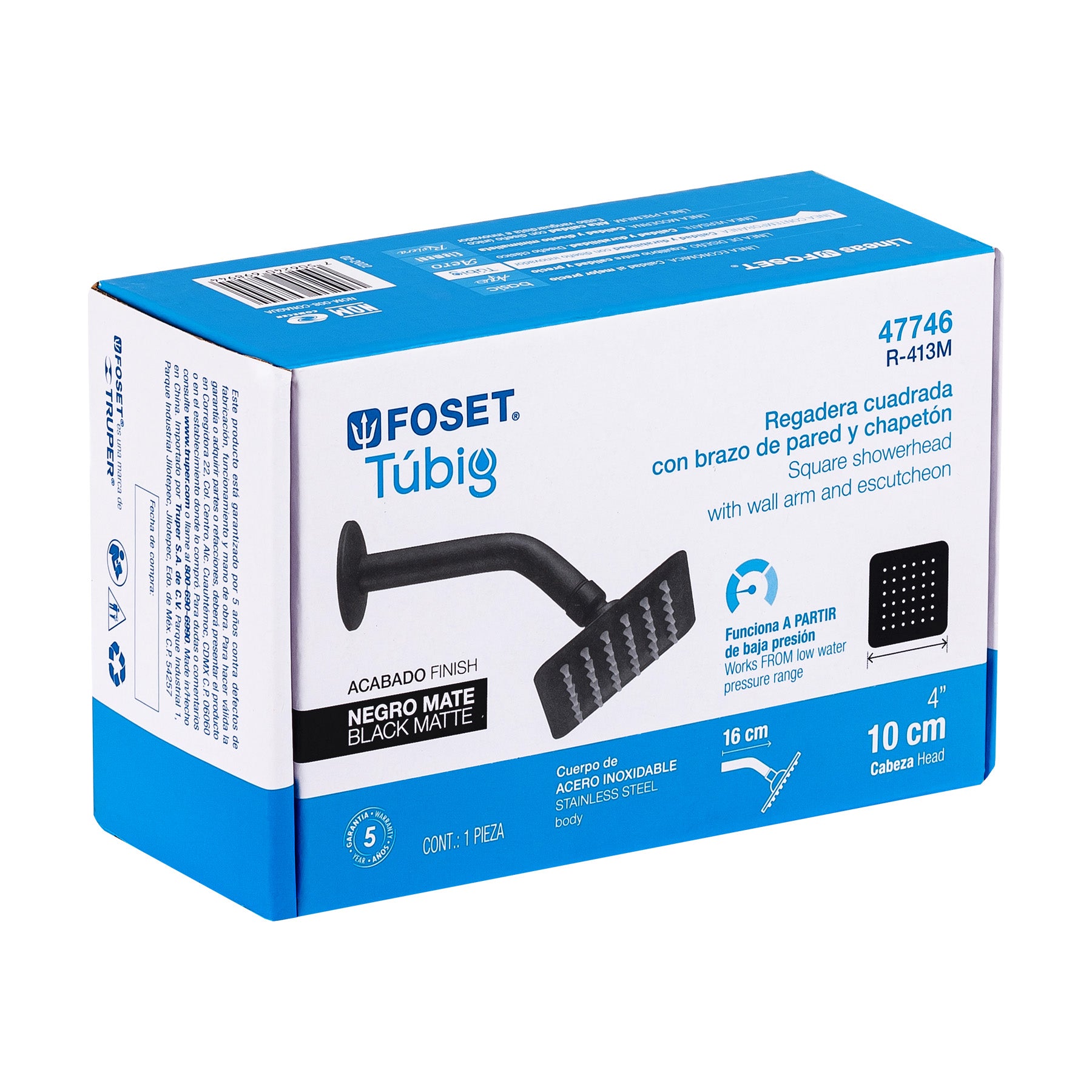 Foset R-413M Regadera cuadrada 4', acero inox, con brazo, negro, Túbig