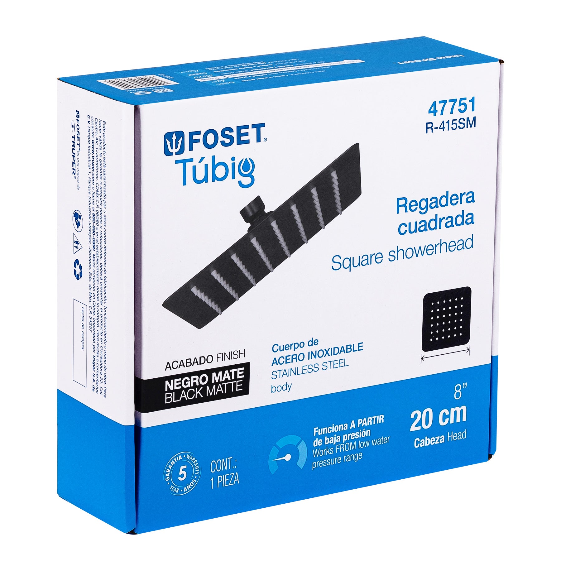 Foset R-415SM Regadera cuadrada 8', acero inox, sin brazo, negro, Túbig