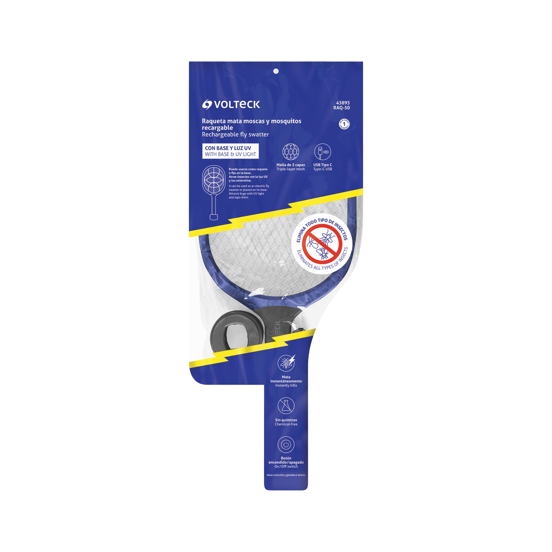 Raqueta Mata Moscas y Mosquitos Recargable con Base - Volteck RAQ-50